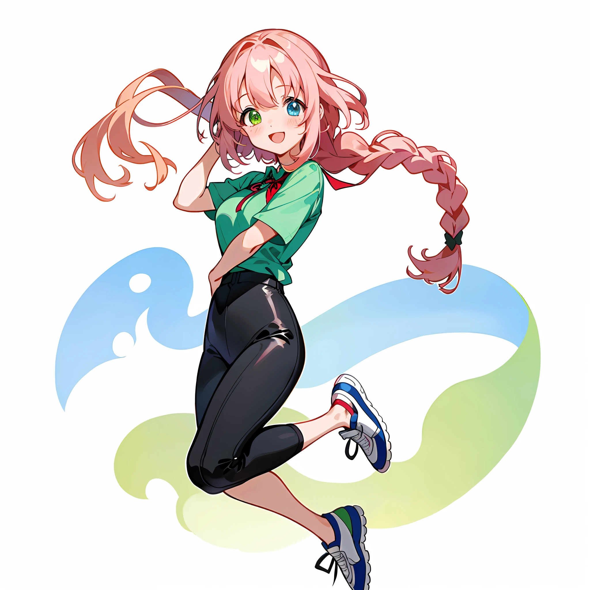 One Beautiful Girl, (Heterochromia, Blue and Green Eyes: 1.8), Shining Eyes, (Illustration: 1.1), (Chibi: 1.5), (Masterpiece, Super Detail, Best Quality, 8K, Kyoto Animation Animation Illustration)), (Caregiver, Cute Girl 1, Big, Solo, Watch Viewer, Full Body, Upright, Frontal, Cute Open Mouth, Happy Smile: 1.3), (: 1.2), ( Cute: 1.5), (Red short sleeve polo shirt and black tight long pants, Long Heat Tech inner shirt: 1.5), (Footwear: Sneakers), (Pale pink hair, braid, long hair, cute ribbon: 1.1), Large room, wooden floor