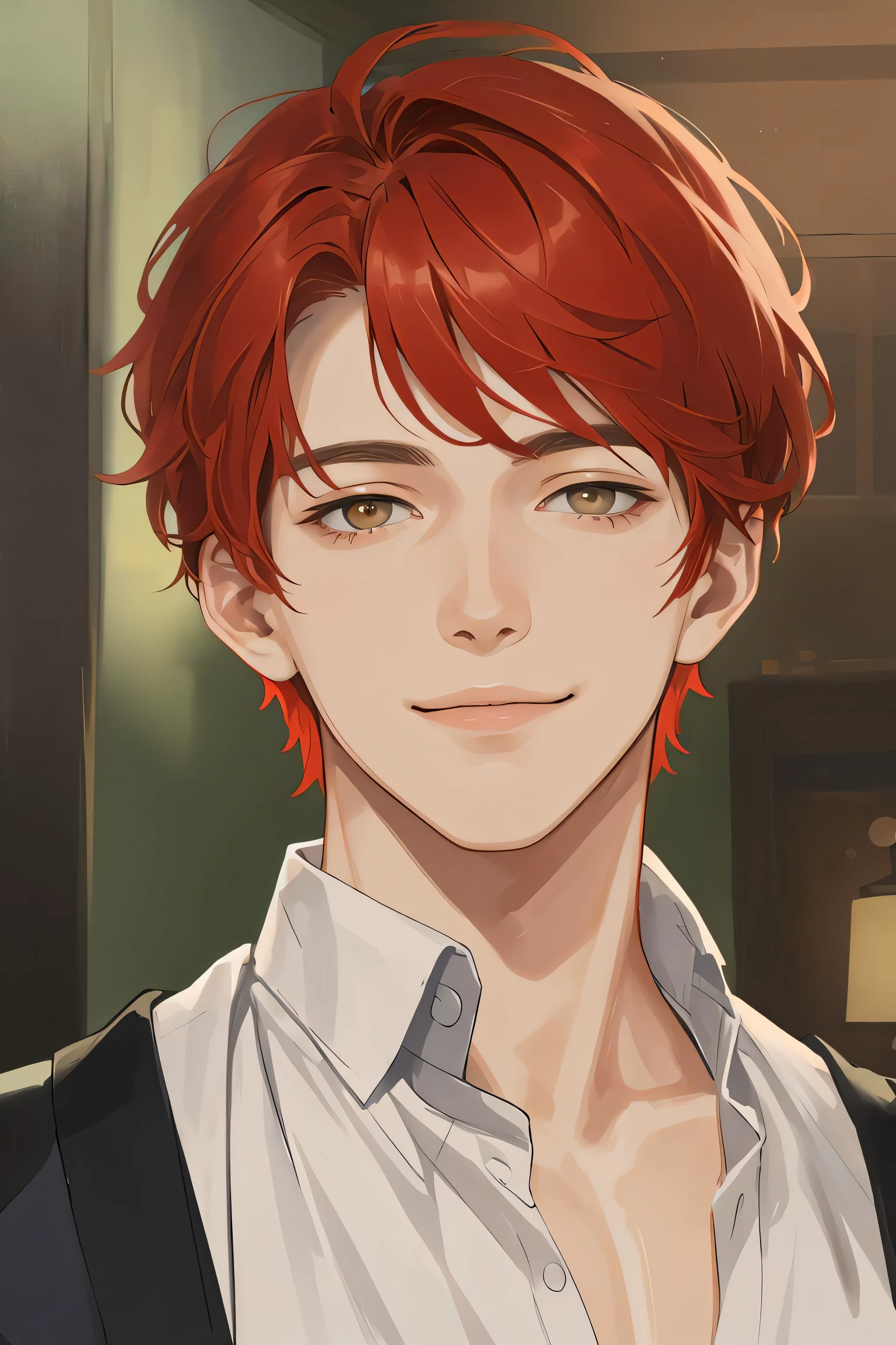 masterpiece, best quality, realistic, 1man, mature male, tall muscular, handsome, smile, closed mouth, portrait, extremely detailed face, (short hair), (red hair)