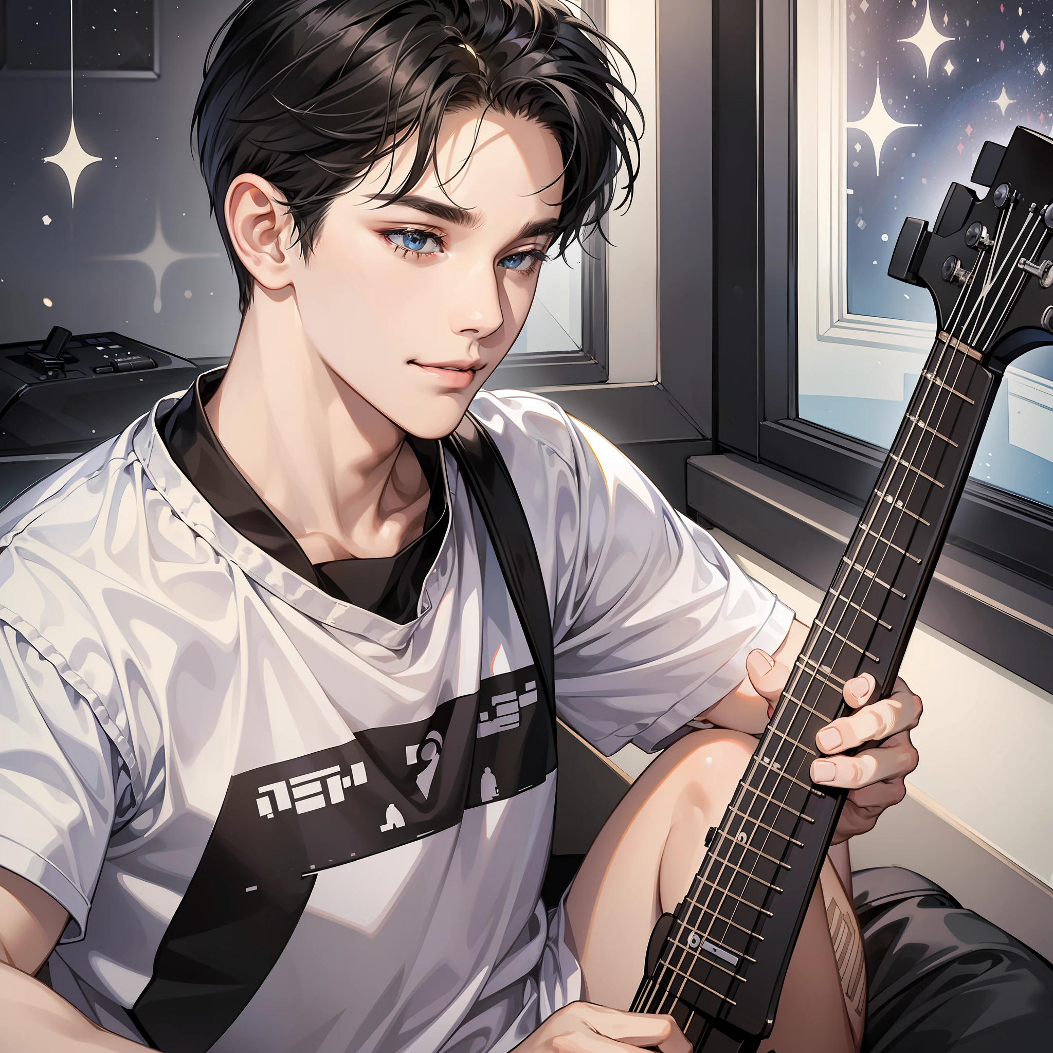 Masterpiece, high quality, best quality, HD, realistic, perfect lighting, detailed face, detailed body, 1 man, short black hair, white t-shirt, (sad expression: 1.5) (face smile: 1.5), wearing headphones, sitting in front of computer screen, holding guitar, soulful singing, eyes closed, microphone, in the room