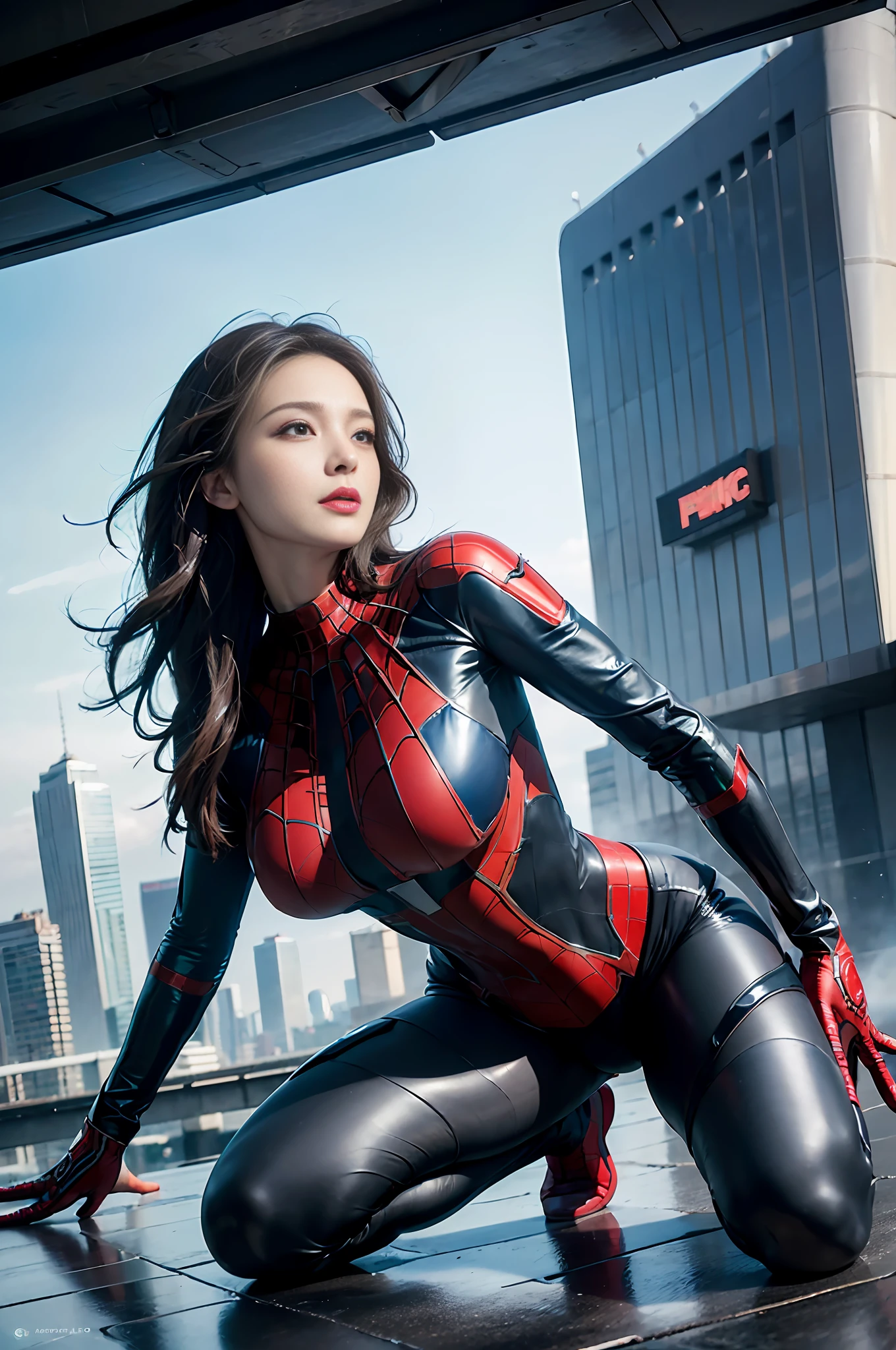 RAW, Masterpiece, Super Fine Photo,, Best Quality, Ultra High Resolution, Photorealistic, Sunlight, Full Body Portrait, Stunningly Beautiful, Dynamic Poses, Delicate Face, Vibrant Eyes, (Side View) , she is wearing a futuristic Iron Lady Spiderman costume, very detailed background, detailed face, detailed and complex busy background, messy, gorgeous, milky, high detailed skin, realistic skin details, visible pores, sharp focus, Volumetric fog, 8k uhd, dslr, high quality, film grain, fair skin, photorealism, lomography, sprawling metropolis in a futuristic dystopia, view from below, translucent