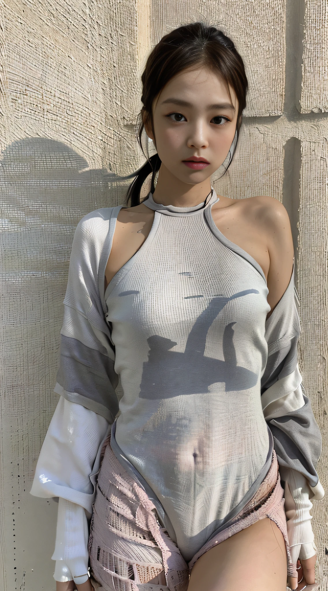 (1girl:1.3), Solo, __body-parts__, Kim Ji-ni Jennie Face, World-weary Face, Indifferent Eyes, Korean Style Photo Photo, Photographic Lighting, Strong Contrast, Sunlight on Face, World-Misanthropic Face, Premium, Indifferent Eyes, Feminine, Background Cement Gray, 8K Resolution Image, Intricate Symmetrical Details. The whole picture goes forward, mainly a woman standing all over her body, with smooth movements and a complete picture.