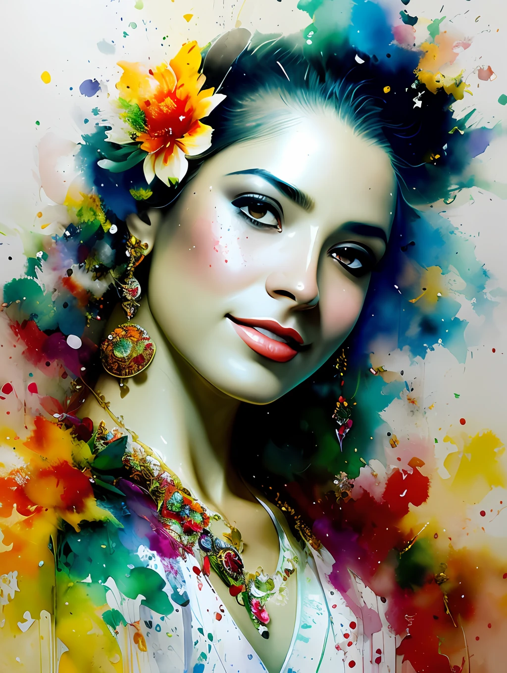 An exotic Brazilian Samba traditional dancer, detailed and sharp focus on her face, ultra details, hi-res, portrait by Willem Haenraets, watercolor, wet on wet and splattering techniques, centered, perfect composition, abstraction, surrealism, trending on artstation, sharp focus, studio photo, intricate details, highly detailed, by Greg Rutkowski