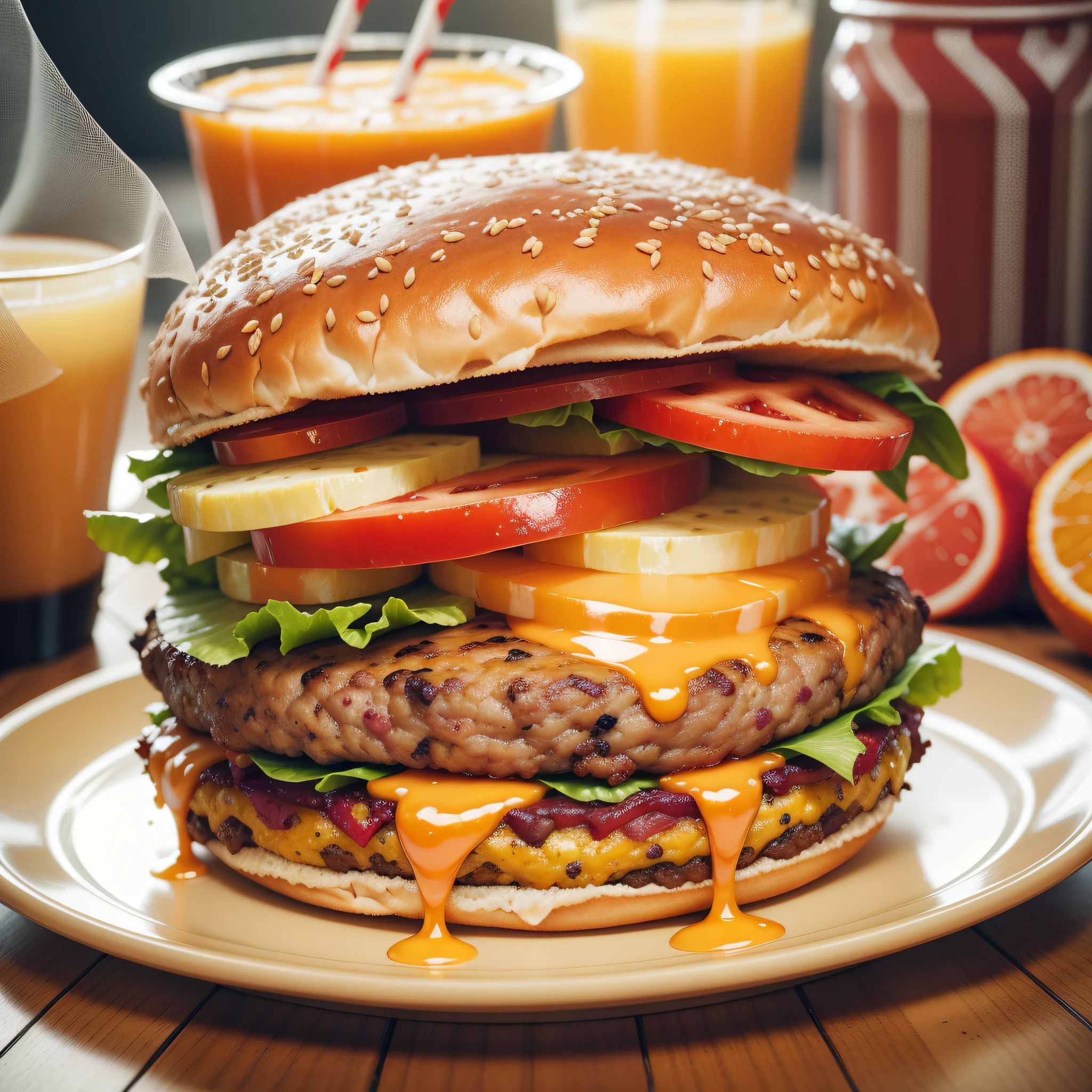 photo (QuadBurger style:1) a large burger with bacon, cheese, a burger falling into juicy pieces, tasty, hot, promotional photo, intricate details, hdr, cinematic, adobe lightroom, highly detailed, hyper realistic, hyper detail, on a table, space for text at the top of the photo, glass of orange juice on the side