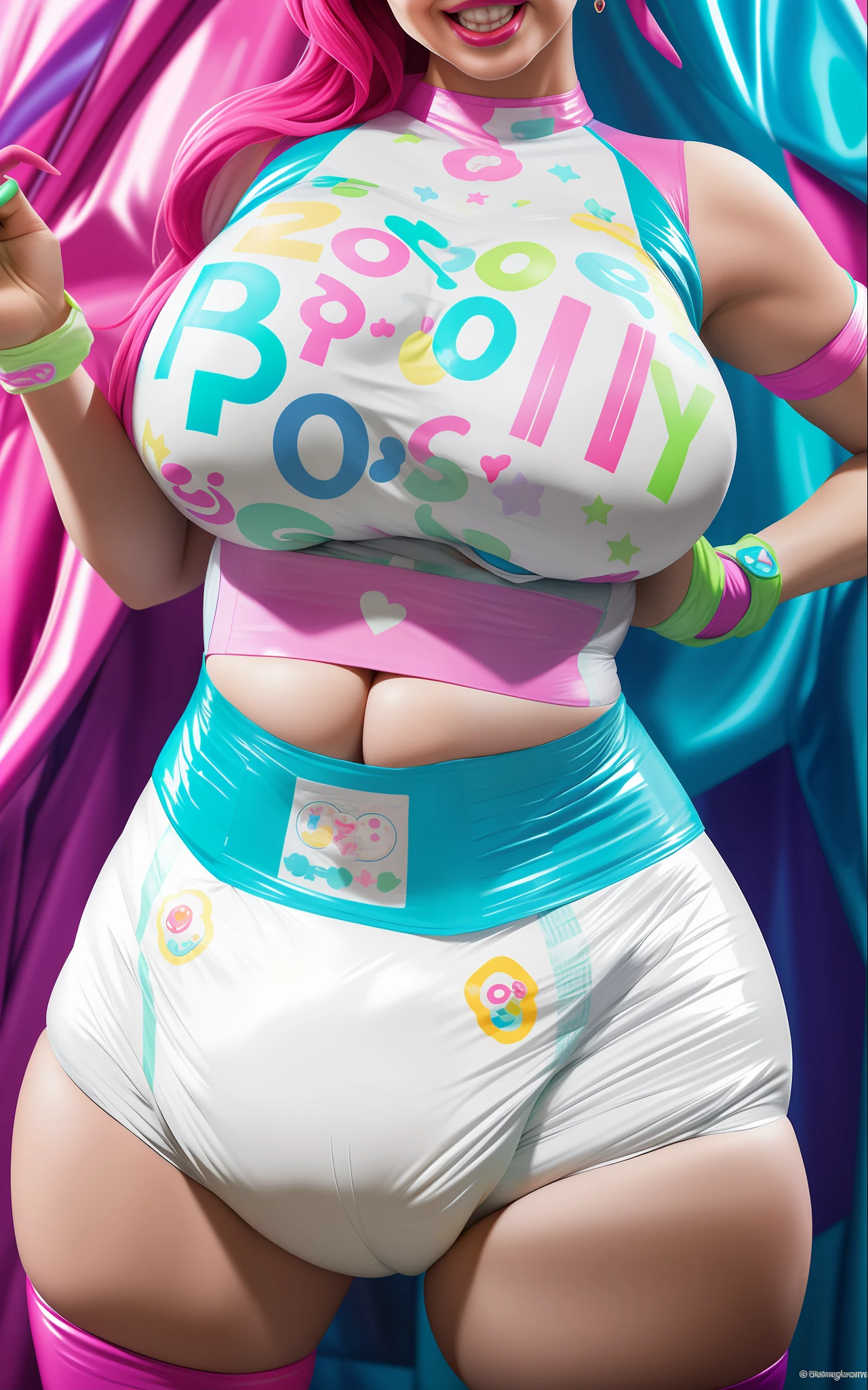 Sexy busty woman wearing (big diaper) magical, colorful, detailed, surprised, happpy, large breasts, wide hips, seductive, ((mommydom)), bokeh, (latex) gimpsuit