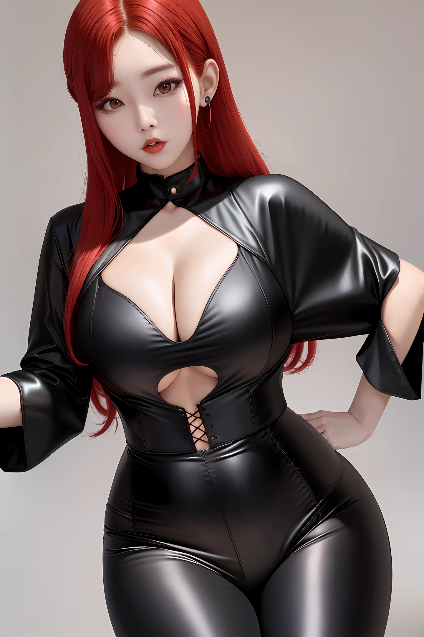 araffe woman with red hair posing in a black outfit, korean girl, gorgeous young korean woman, korean woman, wearing black tight clothing, beautiful south korean woman, bbwchan, tight attire, with red hair, sun yunjoo, tight outfit, asian girl, thicc, red haired goddess, very sexy outfit, open v chest clothes