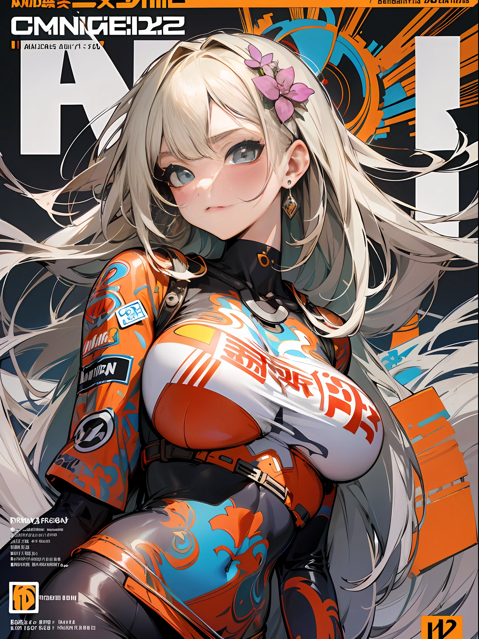 background, mixed-language_text, Japanese letters in graffit, girls, long blonde hair, excellent lighting, sidelighting, perfect ultimate (flat color: 1.3), (magazine_cover: 1.4), (multicolored_background: 1.3), striped_background, card_background, :: comix style by joe madureira :: circular pieces of white metals glued to the ultra detailed arms coming out sparkling shine, perfect and detailed, ultra detailed shirt with abstract design and with Japanese letter print in graffit of the sides of clothing, image of girls with big breast, on top of a futuristic motorcycle, with immersive effects, hover effect, background graffiti style tribal tattoo with flowers and vibrant colors, "ultra HDR" detailed and with focus effect, (masterpiece: 1.2, best quality), (beautiful eyes with huge eyelashes finely detailed: 1.2), , ((Solo)), (Finely detailed eyes and detailed face: 1.3), in various full-body attack poses, (cute background: 1.2),futuristic costume, super detailed circular metals Clinging to the arms and pants, fantastic paintings