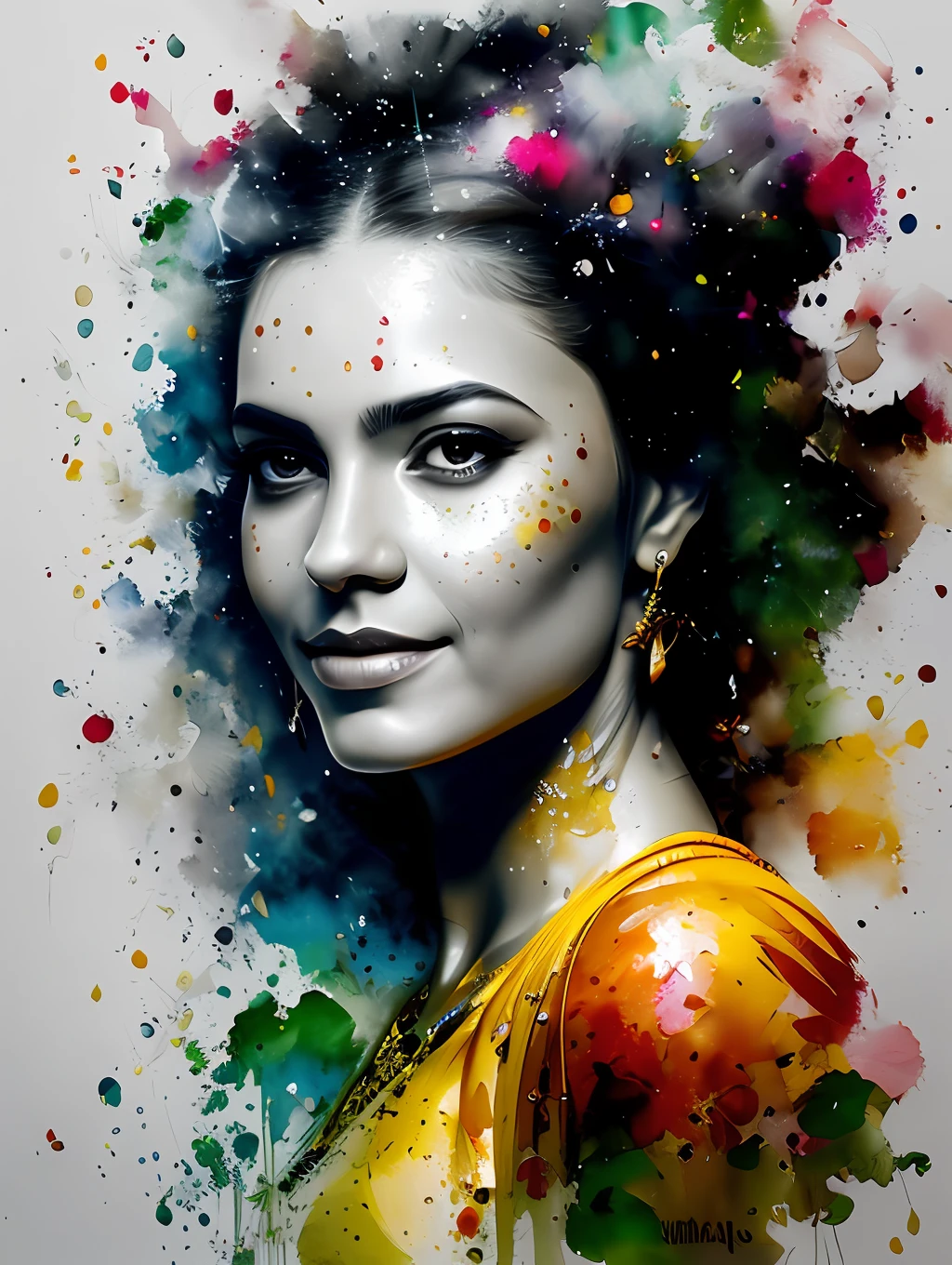 A traditional Brazilian Samba dancer, detailed and sharp focus on her face, ultra details, hi-res, portrait by Willem Haenraets, watercolor, wet on wet and splattering techniques, centered, perfect composition, abstraction, surrealism, trending on artstation, sharp focus, studio photo, intricate details, highly detailed, by Greg Rutkowski