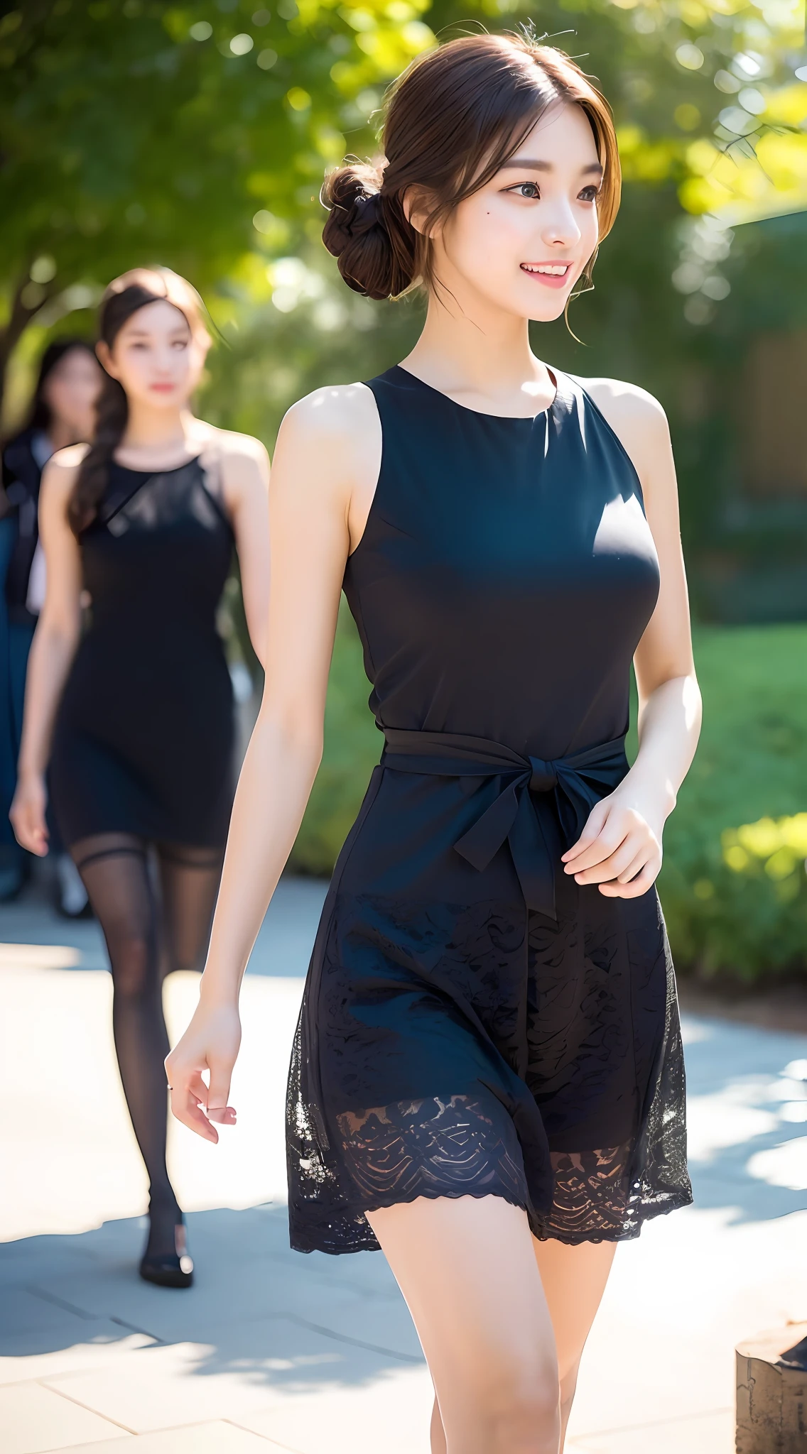 ((Realistic lighting, Best quality, 8K, Masterpiece: 1.3)), Clear focus: 1.2, 1girl, Perfect body beauty: 1.4, Slim abs: 1.1, ((dark brown hair)), (Girly dress: 1.4), (Outdoor, early morning: 1.1), Park view, Super fine face, Fine eyes, Double eyelids, (Beautiful detail face, Beautiful detail eyes, glowing eyes, long eyelashes, Nose red: 1.2), Seductive laugh: 1.3, Full body: 1.4, ( Fine natural beauty skin, detailed skin texture, detailed brunette hair, random hairstyle), (beautiful legs and beautiful legs: 1.15), (walking pose capture: 1.2), (scene random, girl dress: 1.2)), (ulzzang-6500-v1.1: 1.2), (beautiful detail face, beautiful detail eyes, glowing eyes, long eyelashes, nose red: 1.2), tiangtongjiang, mix4, jwy1, 20d, high heels, ((( Perfect anatomy)))), from below, full body, ceremony, 1girl, solo, beautiful girl, (hairstyle casual), luxury, (slim: 1.37), (walking posture capture: 1.2), (beautiful legs beautiful legs: 1.15), (cute face), (natural radiant skin: 1), (small chest thin waist calf tight ass perfect body: 1.1), (fine natural beauty skin, detailed skin texture, detailed brunette hair, random hairstyle), light on the face, (Cinematic Light), Lens Hare, Shadow, Backlight, Depth of Field, Backlight,