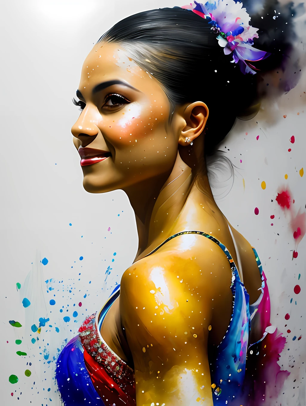 An exotic Brazilian Samba traditional dancer, detailed and sharp focus on her face, ultra details, hi-res, portrait by Willem Haenraets, watercolor, wet on wet and splattering techniques, centered, perfect composition, abstraction, surrealism, trending on artstation, sharp focus, studio photo, intricate details, highly detailed, by Greg Rutkowski