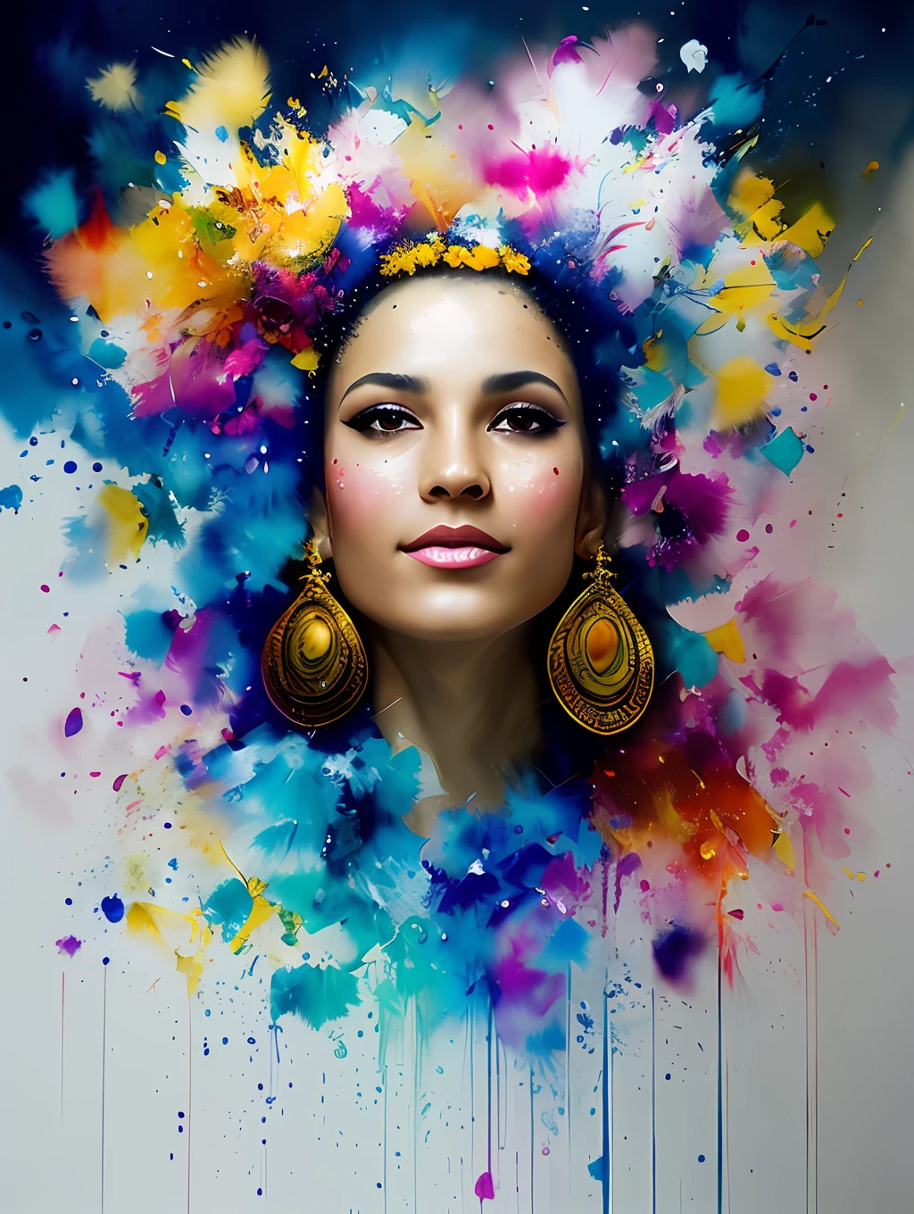 A traditional Brazilian Samba dancer, detailed and sharp focus on her face, ultra details, hi-res, portrait by Willem Haenraets, watercolor, wet on wet and splattering techniques, centered, perfect composition, abstraction, surrealism, trending on artstation, sharp focus, studio photo, intricate details, highly detailed, by Greg Rutkowski