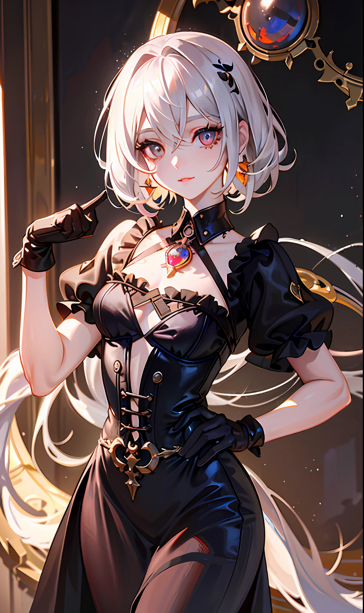 (masterpiece, sidelighting, finely detailed beautiful eyes: 1.2), (masterpiece*portrait), portrait, (bust), realistic, 3d face, lusious skin, ((solo)), (close-up of face), (fire opal-like eyes), (one-eyed girl with a pure obsidian prosthetic eye), Hanging eye corners, ((highly detailed skin, visible pores)), (perfect figure), a beautiful steampunk girl, small breasts, ((gothic style dress)), (neck rings), (short gloves as short as half the palm of the hand)