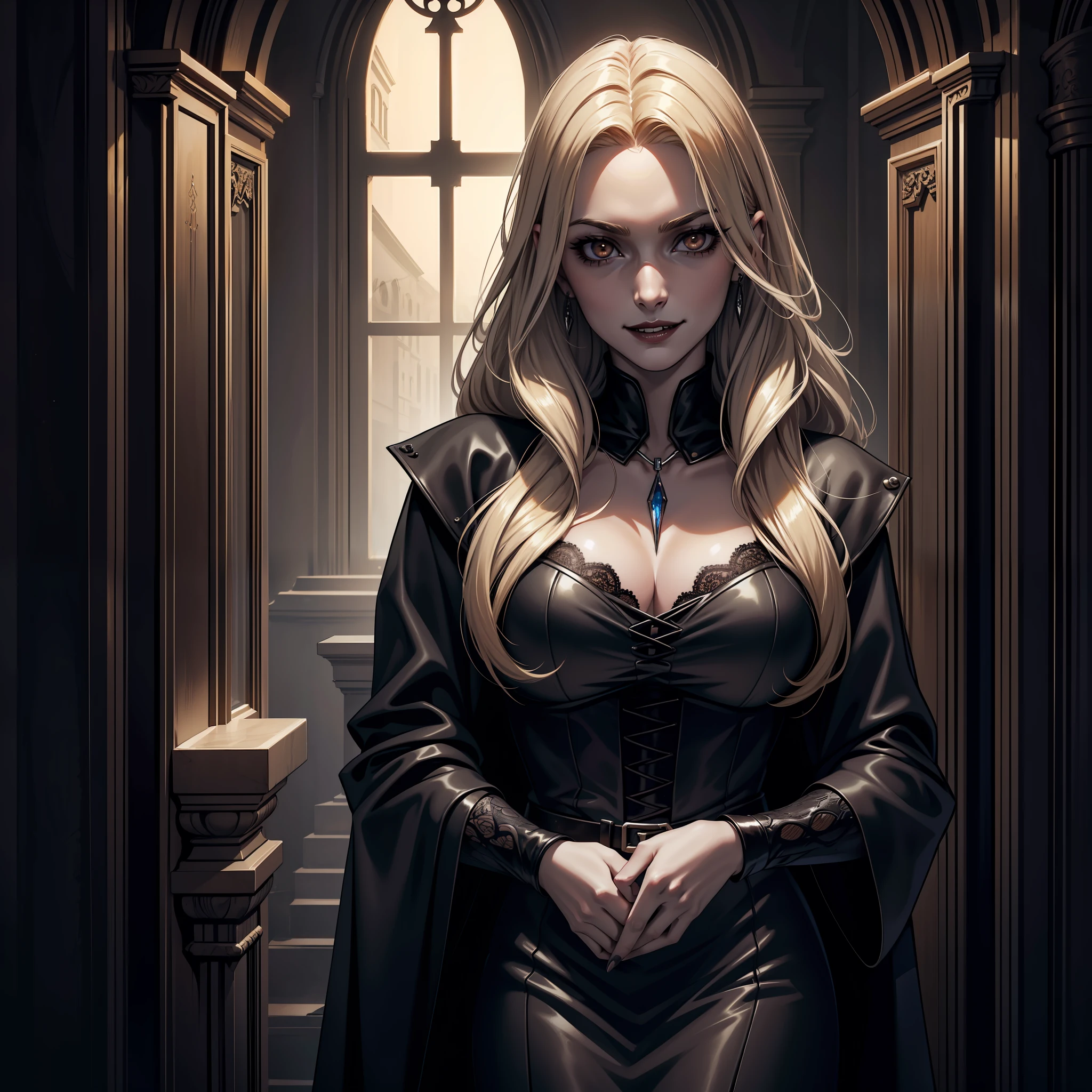 (extremely detailed 8k wallpaper), dark theme, Vampire the Masquerade, modern horror, 2020s, adult woman, pale skin, wearing gray coat, expensive jewelry, sharp focus, (subsurface scattering:1.1), award-winning photography, centered face, ((a Hecata vampire)), half-body photo:1.1, long blonde hair in medieval European hairstyle, supernatural brown eyes:1.2, mischievous smile, interior of a mausoleum at night, Dramatic lighting, SFW