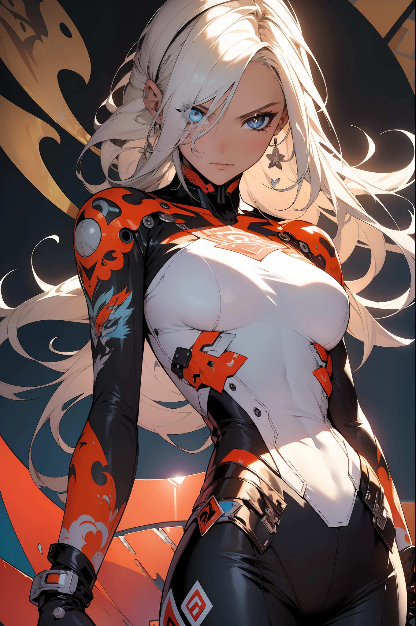 background, mixed-language_text, Japanese letters in graffit, girls, long blonde hair, excellent lighting, sidelighting, perfect ultimate (flat color: 1.3), (magazine_cover: 1.4), (multicolored_background: 1.3), striped_background, card_background, :: comix style by joe madureira :: circular pieces of white metals glued to the ultra detailed arms coming out sparkling shine, perfect and detailed, ultra detailed shirt with abstract design and with Japanese letter print in graffit of the sides of clothing, image of girls with big breast, on top of a futuristic motorcycle, with immersive effects, hover effect, background graffiti style tribal tattoo with flowers and vibrant colors, "ultra HDR" detailed and with focus effect, (masterpiece: 1.2, best quality), (beautiful eyes with huge eyelashes finely detailed: 1.2), , ((Solo)), (Finely detailed eyes and detailed face: 1.3), in various full-body attack poses, (cute background: 1.2),futuristic costume, super detailed circular metals Clinging to the arms and pants, fantastic paintings