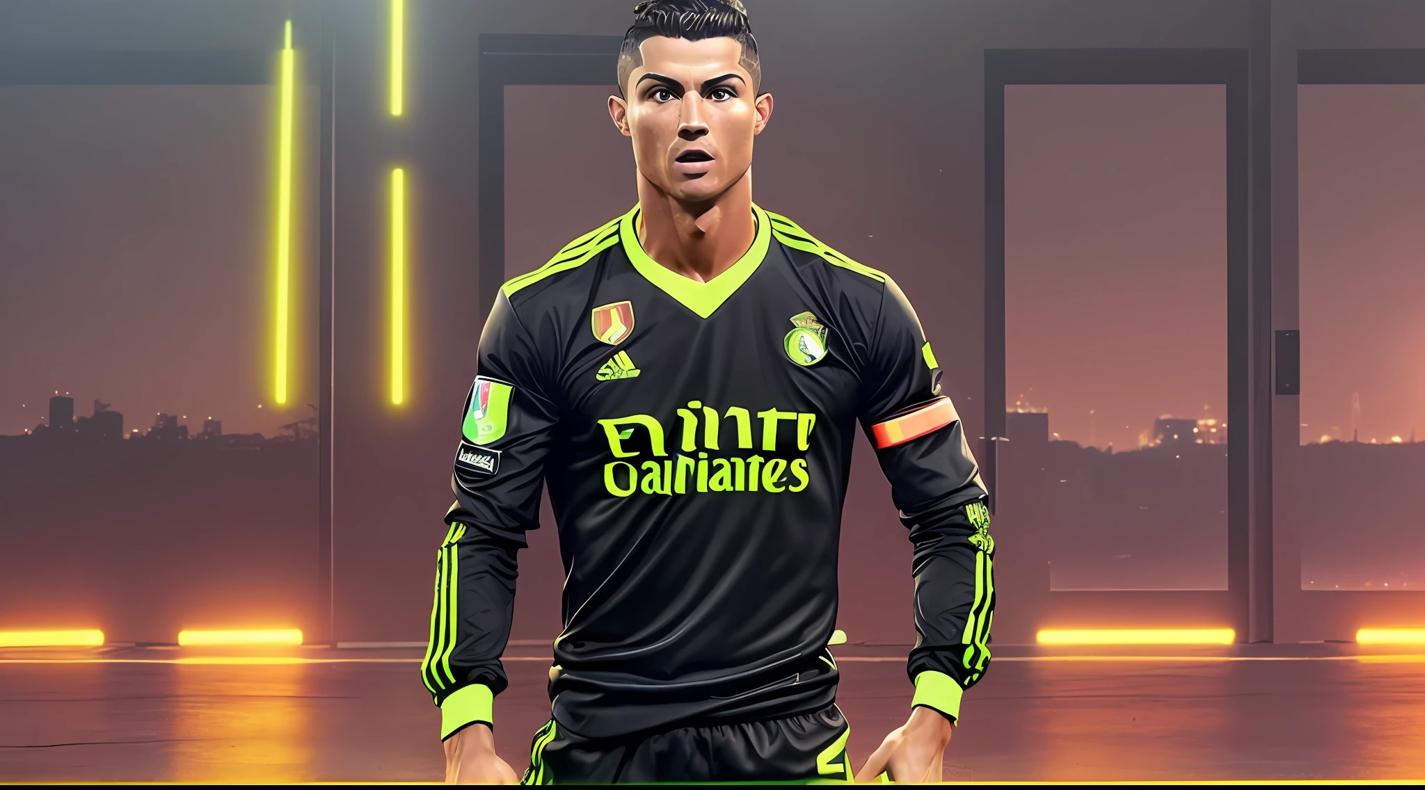 (((best quality)))), (Cristiano Ronaldo facing with Al-Nassar equipment, I want a black background with some neon and the criatian Ronaldo to stand out in yellow neon, real image with neon effect ), very sharp image, with great quality to attract people --auto --s2