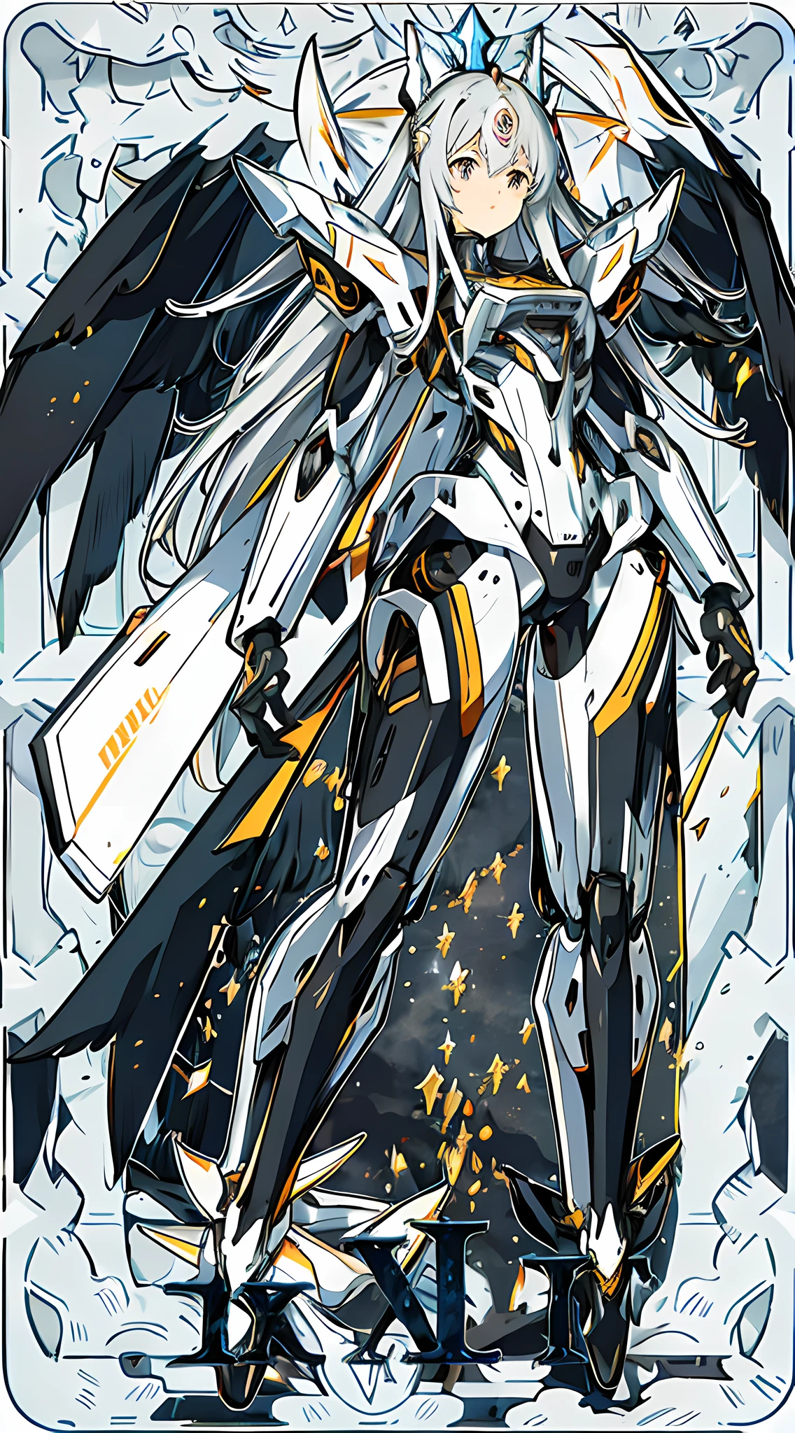 Anime shoujo, gray hair, long hair, golden eyes, exoskeleton mecha, (16K), masterpiece, {{full body photo}}, dark style, black clothing, mechanical wings suspended behind the back, black and white clothes, normal limbs, normal fingers, undistorted facial features, normal face