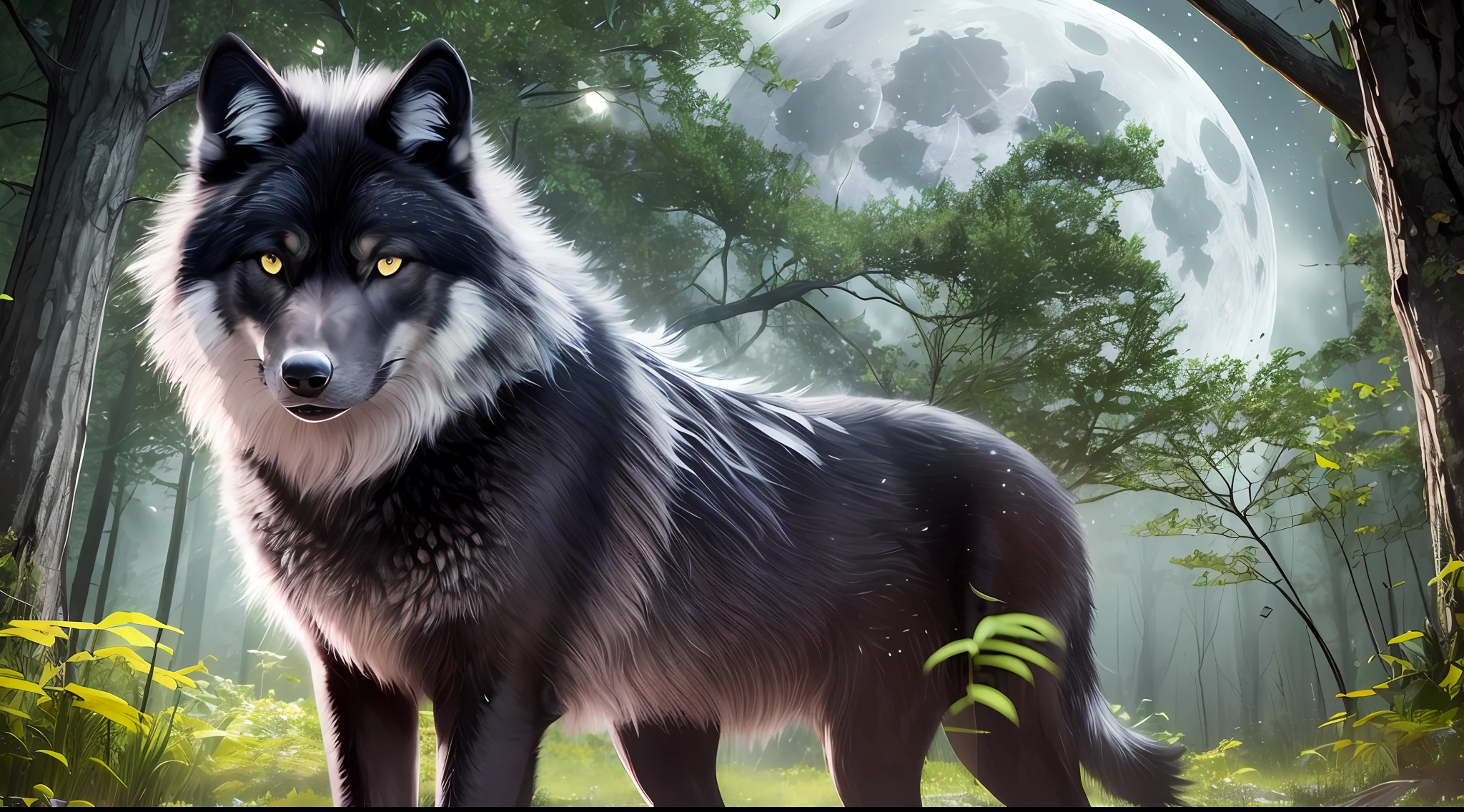 Black wolf, bright yellow eyes, full moon, forest, fog, night, realistic, full of details --auto --s2