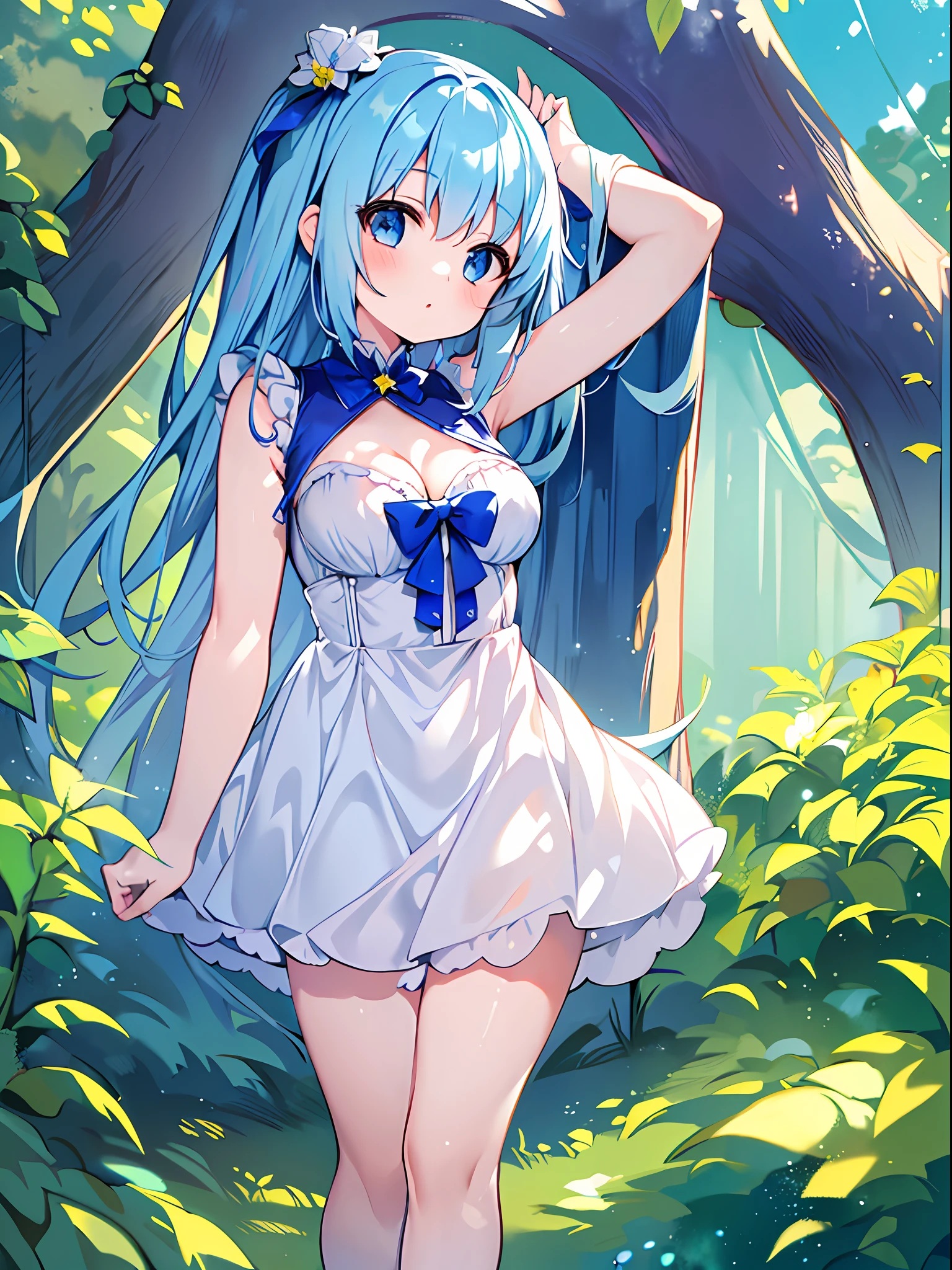Masterpiece, top quality, one , loli with pe light blue hair, white dress, sleeveless, small breasts, cleavage, absolute area, blue sky and meadow