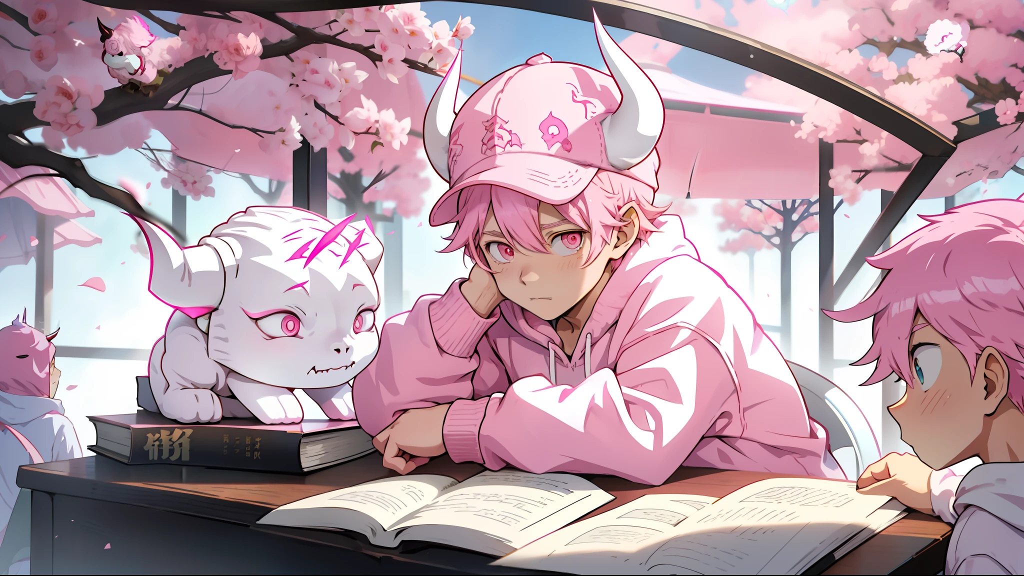 Anime boy sitting at a table with a book, (Pink Hat:1.2),(White Horns:1.1),(White Demon Boy:1.5),(Pink Sweatshirt:1.3),(Pink Iconic Character:1.3)