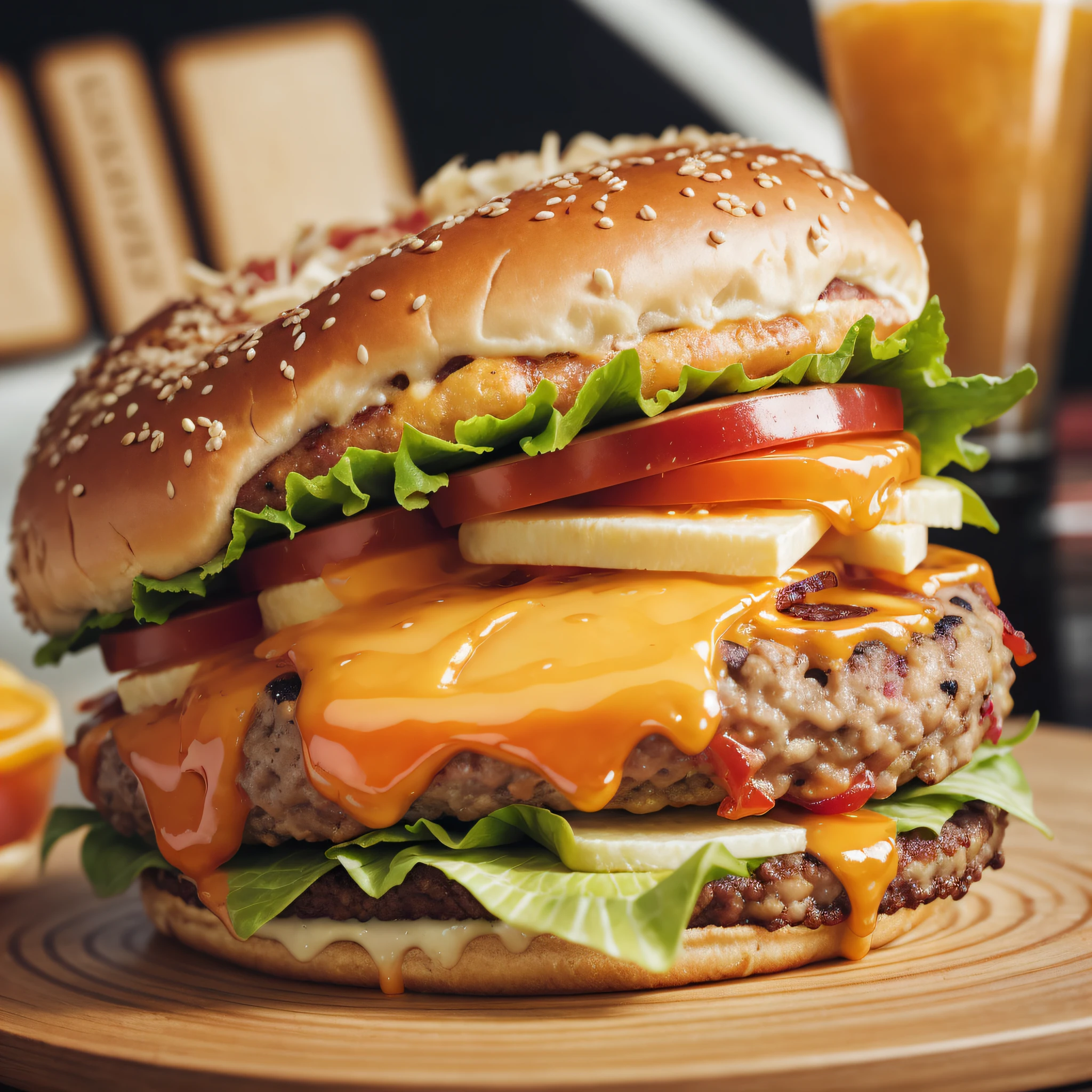 a close up of a hamburger with cheese, tomato, and lettuce, big juicy burger, burger on a plate, cheeseburger, burger with a mouth, super realistic food picture, food commercial 4 k, burger, burger with human mouth, a hyper realistic, high quality food photography, professional food photography, serving big macs, masterpiece work of art, luscious patty with sesame seeds