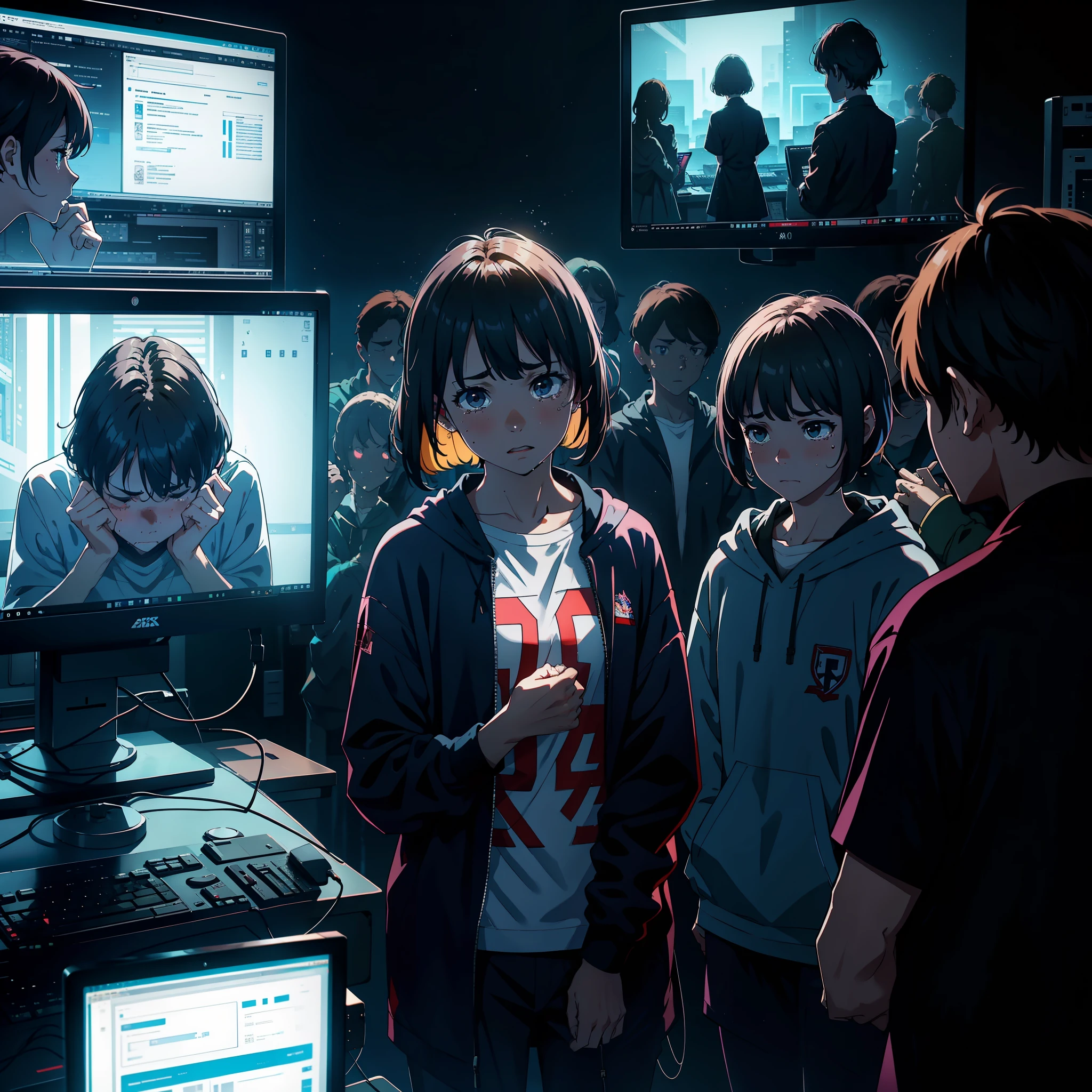 A group of people stood in front of a computer screen crying, tears on their faces