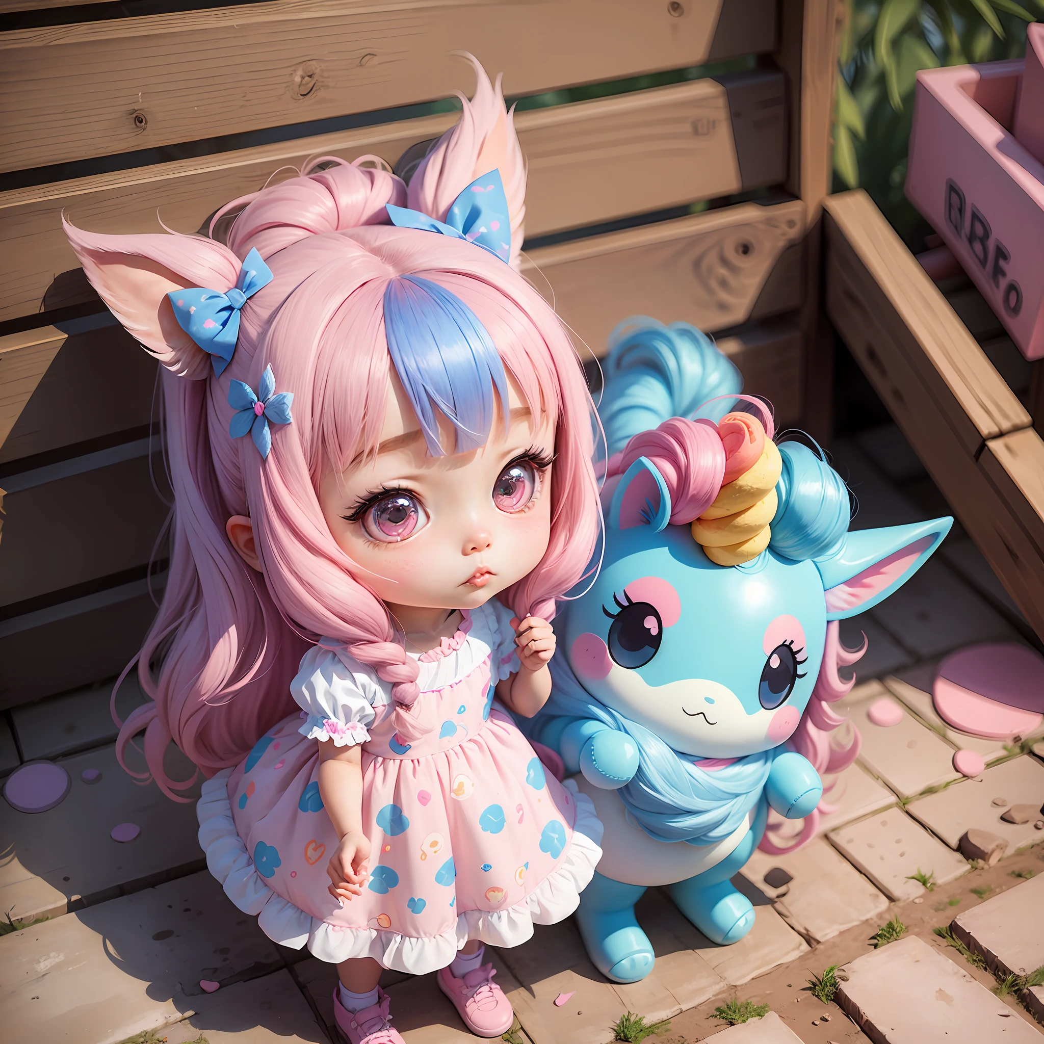 Create chibi of a young girl with big, expressive eyes, long, colorful hair in shades of pink and blue, wearing a unicorn-print kawaii outfit and holding a giant ice cream, anime-style digital illustration, --ar 9:16 --v 5 --auto --s2