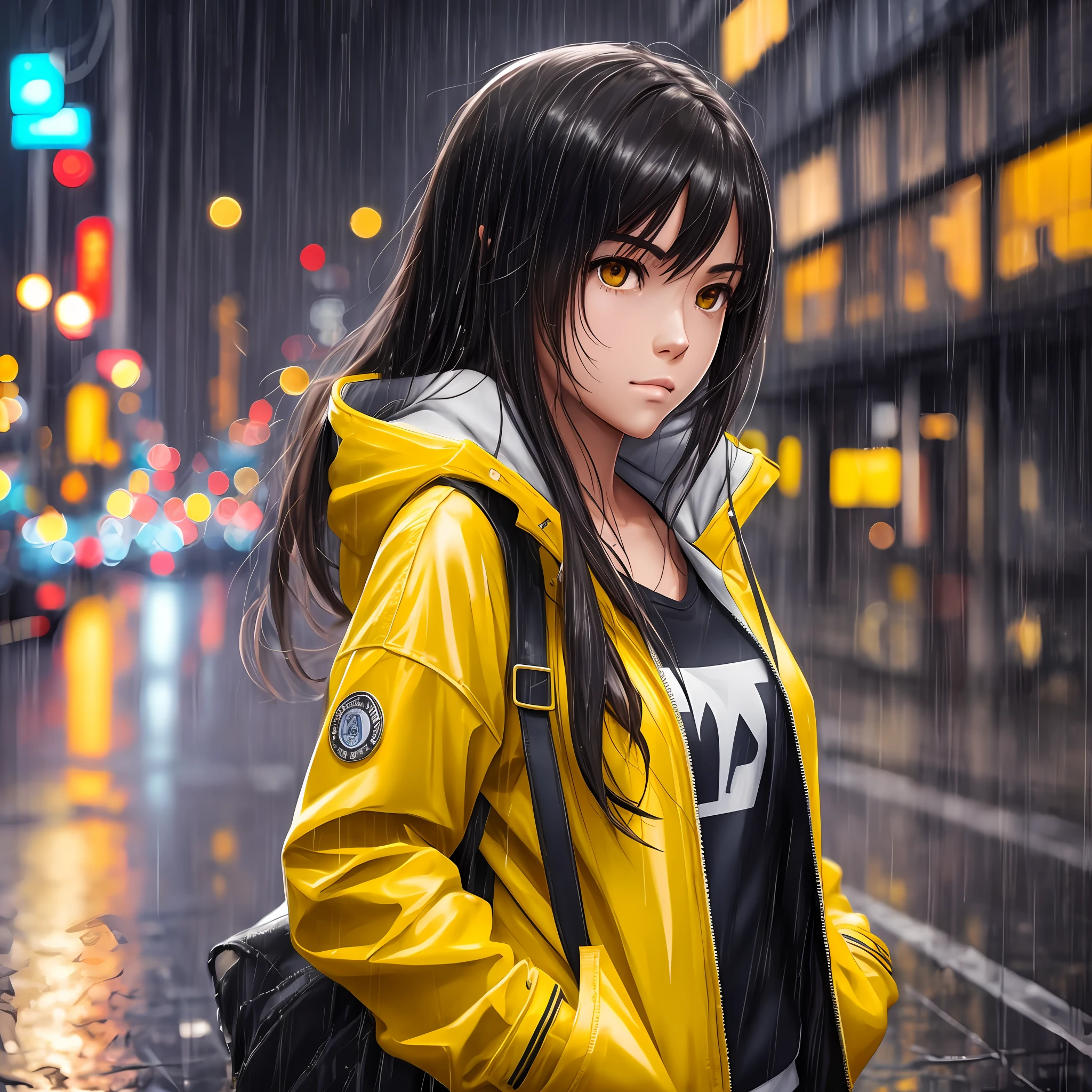 1girl, yellow jacket, it's raining, moon, street, outdoors, hoodie, open jacket, hand pocket, looking at another person, messy long hair, trends on artstation, 8k resolution, very detailed, anatomically correct, clear images, digital painting, concept art, trends on pixiv, Makoto Shinkai style, --auto --s2