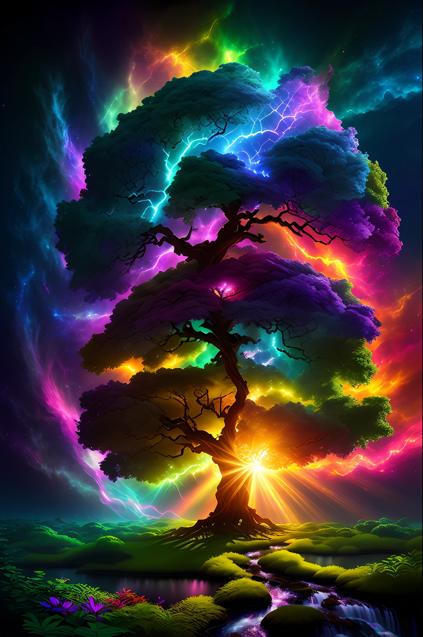 Masterpiece,
The birth of Creation, a leafy Tree with energetic and colorful streams of light in an epic galactic sky, with professional color grading, soft shadows, no contrast, clean sharp focus, cinema film photography, hyper realistic :: nebula::1 wide angle lens::1 defocus::
UHD, HDR, 16K