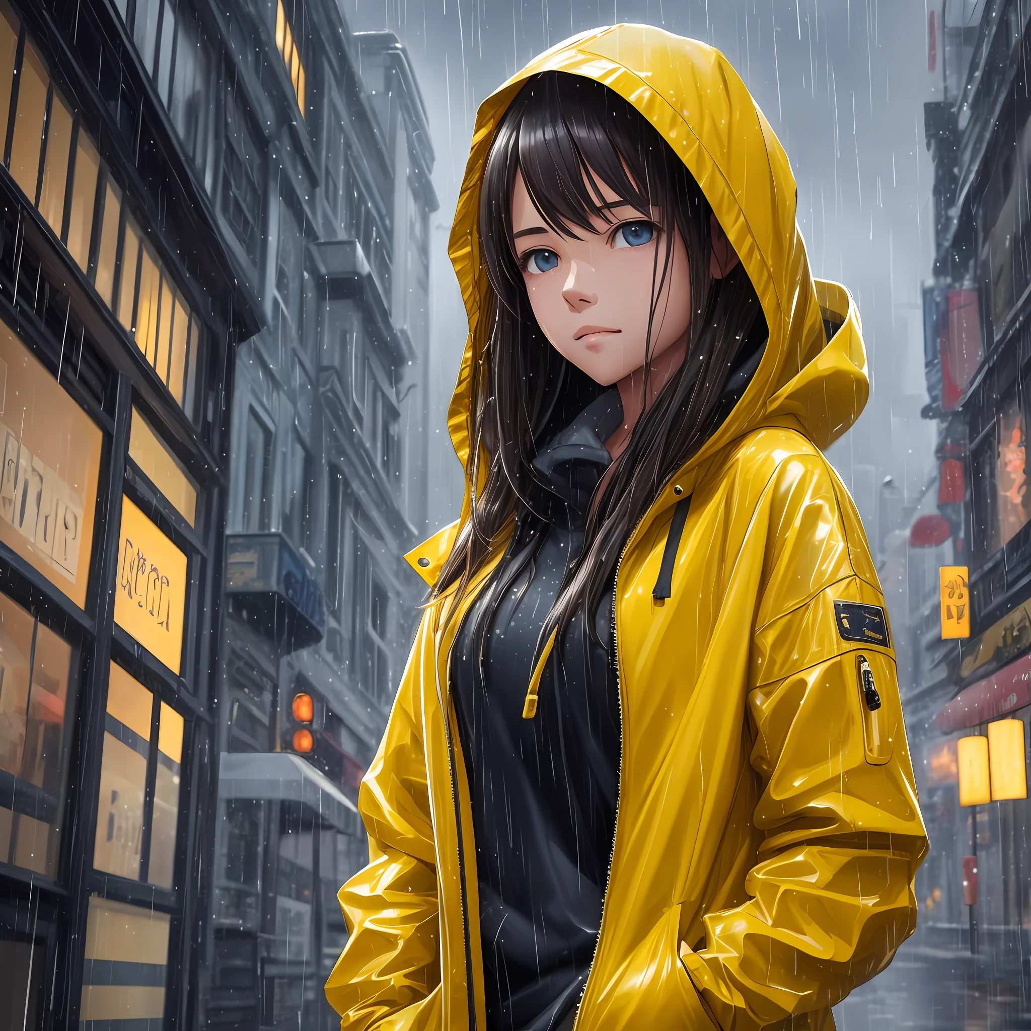 1girl, yellow jacket, it's raining, moon, street, outdoors, hoodie, open jacket, hand pocket, looking at another person, messy long hair, trends on artstation, 8k resolution, very detailed, anatomically correct, clear images, digital painting, concept art, trends on pixiv, Makoto Shinkai style, --auto --s2