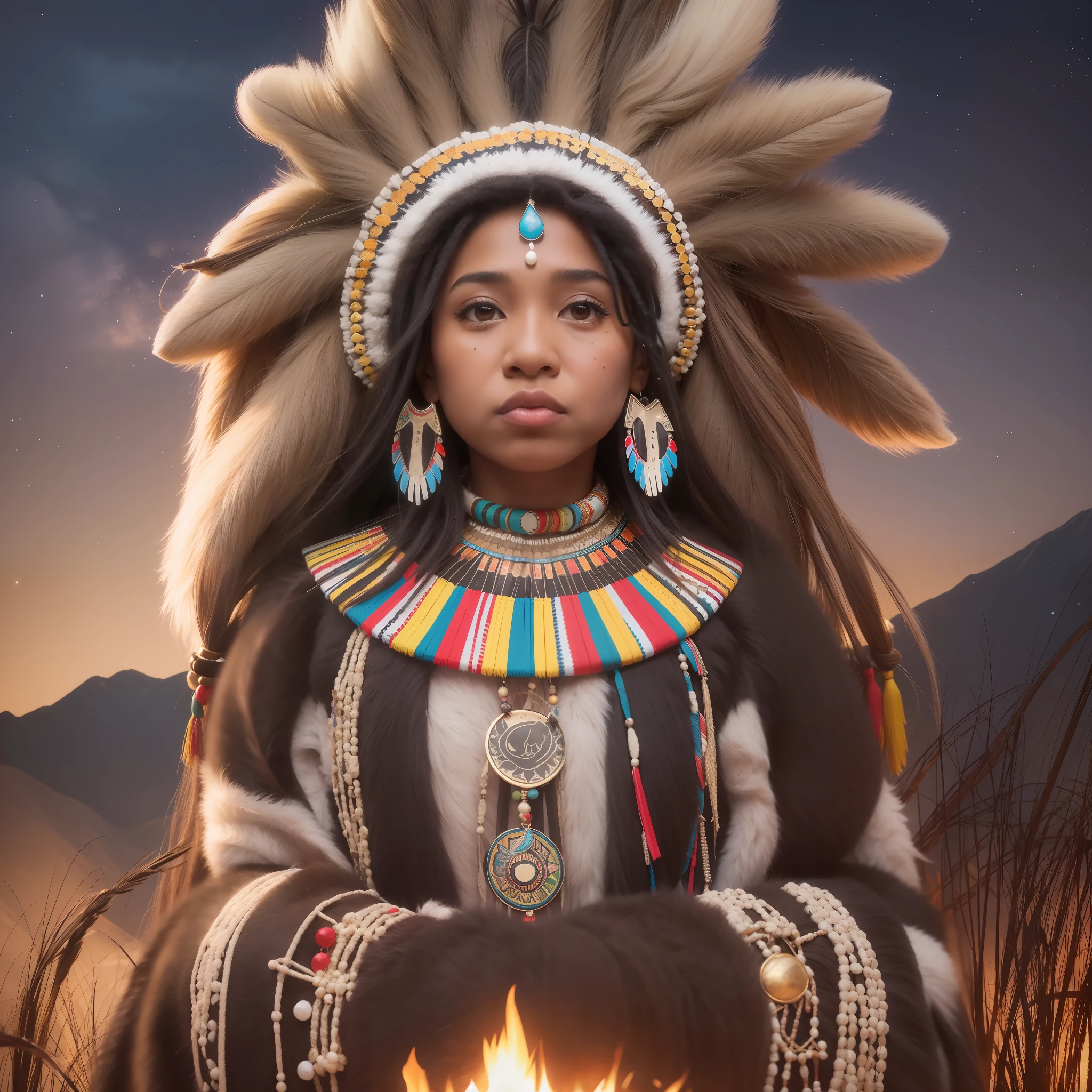 masterpiece, ultra realistic, Native American, woman, dark black skin, frizzy hair, dreadlock hair, afro hair, feathers in hair, ((Eskimo eyes)), ((pulled eyes)), square face, red tribal paint on face, African nose, African mouth, animal tusk necklace, traditional Indian clothing, Native American clothing, ((fat)), ((fat body)), in front of the campfire, wolf in the background, night sky, crescent moon in the sky, constellation big dipper in the sky, shaman, witch shaman