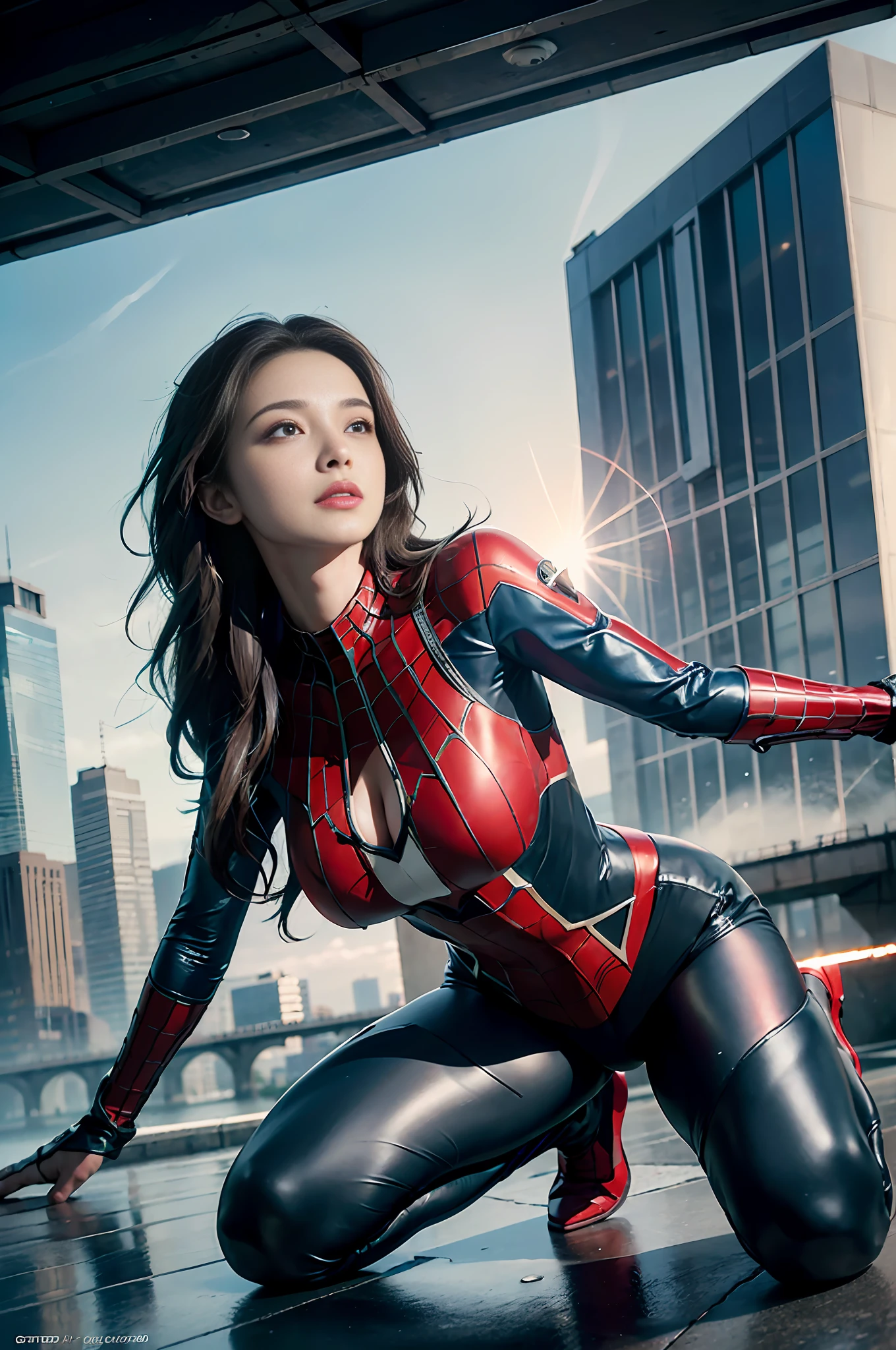 RAW, Masterpiece, Super Fine Photo,, Best Quality, Ultra High Resolution, Photorealistic, Sunlight, Full Body Portrait, Stunningly Beautiful, Dynamic Poses, Delicate Face, Vibrant Eyes, (Side View) , she is wearing a futuristic Iron Lady Spiderman costume, very detailed background, detailed face, detailed and complex busy background, messy, gorgeous, milky, high detailed skin, realistic skin details, visible pores, sharp focus, Volumetric fog, 8k uhd, dslr, high quality, film grain, fair skin, photorealism, lomography, sprawling metropolis in a futuristic dystopia, view from below, translucent