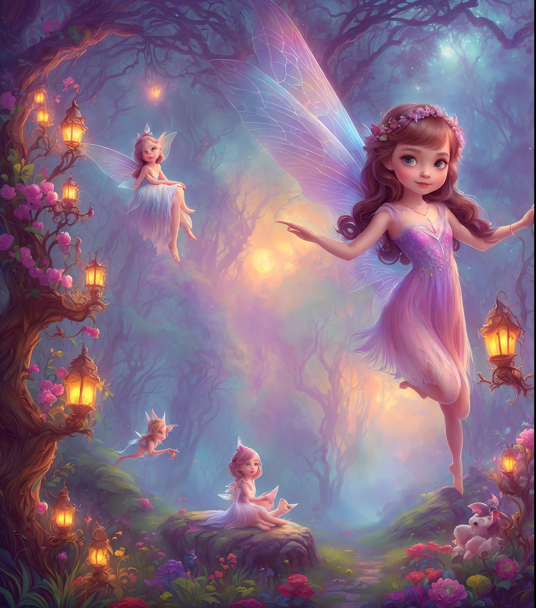 witch, super cute fairy with big bright eyes friend with mythical creature, beast, fluffy, gradient color ((best quality)), digital painting, dreamlike, intricate details, sharp focus, trending on artstation, art by lois van baarle and loish and ross tran and rossdraws and sam yang and samis arts and artgerm, fairy tales, pixar, disney, dreamworks style, surrounded by magical fairies in a dreamlike forest, rendered in intricate detail in a digital painting with sharp focus, inspired by fairy tales and animated movies from pixar, Disney, and dreamworks, and created by the talented artists lois van baarle, Loish, Ross Tran, Rossdraws, sam yang, samis arts, and artgerm, Trending on Artstation, this artwork is sure to capture hearts with its delightful charm, (Chibi:1,3)