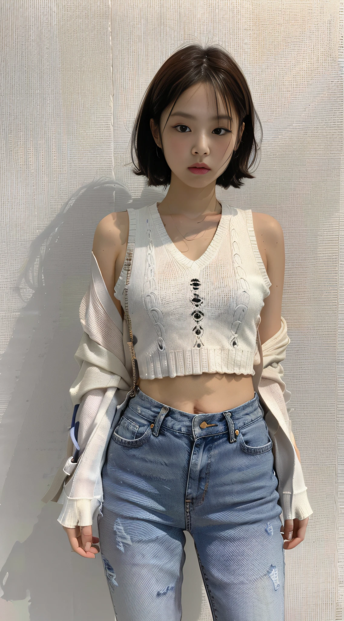 (1girl:1.3), Solo, __body-parts__, Kim Ji-ni Jennie face, wearing white shirt, cropped college knit vest, jeans, pink socks, white shoes, world-weary face, cold eyes, Korean style photo photos, photographic lighting, strong contrast, sunlight on the face, world-weary face, high-class sense, cold eyes, feminine, cement gray background, 8k resolution image, intricate symmetrical details. The whole picture goes forward, mainly a woman standing all over her body, with smooth movements and a complete picture.