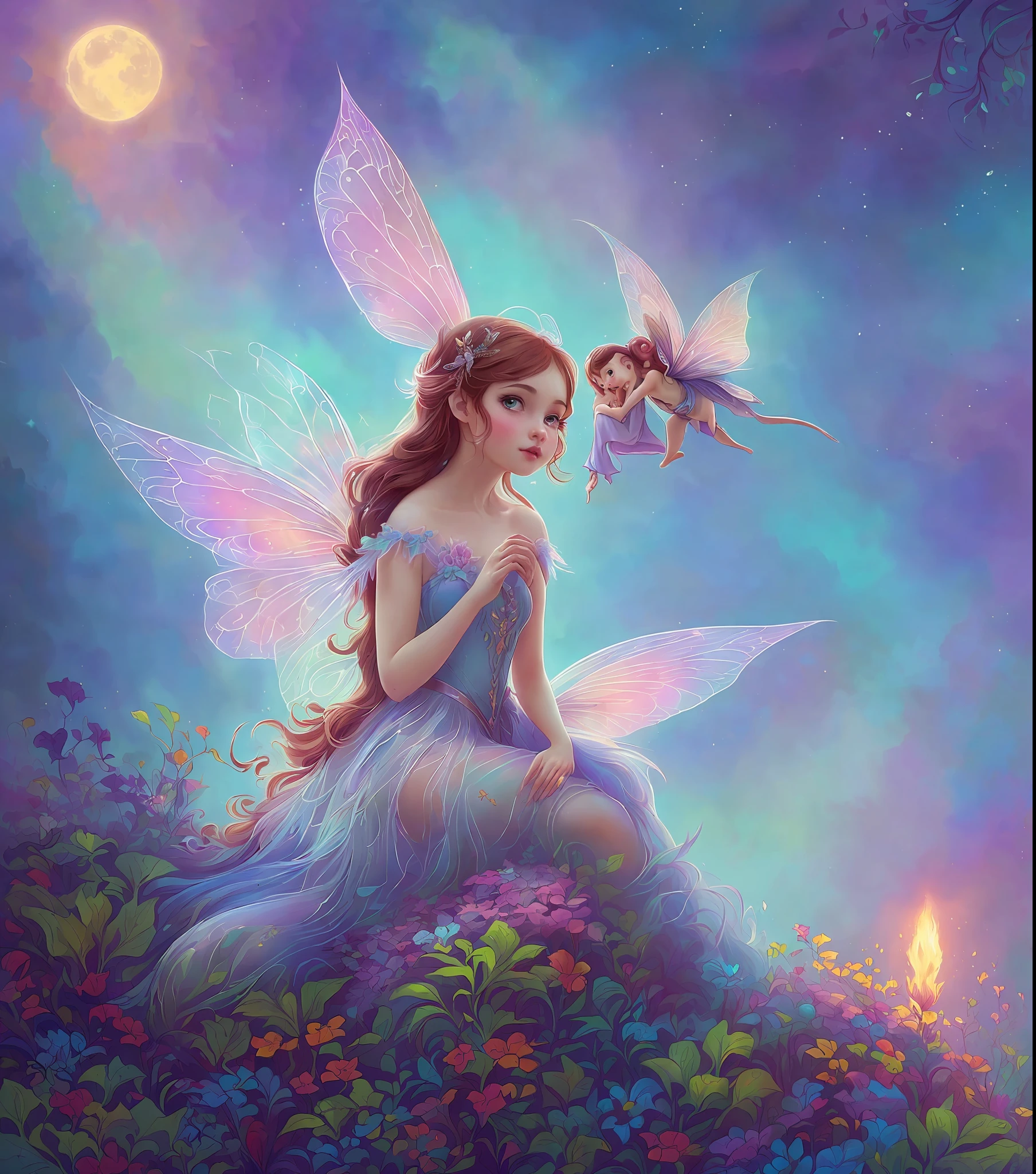 witch, super cute fairy with big bright eyes friend with mythical creature, beast, fluffy, gradient color ((best quality)), digital painting, dreamlike, intricate details, sharp focus, trending on artstation, art by lois van baarle and loish and ross tran and rossdraws and sam yang and samis arts and artgerm, fairy tales, pixar, disney, dreamworks style, surrounded by magical fairies in a dreamlike forest, rendered in intricate detail in a digital painting with sharp focus, inspired by fairy tales and animated movies from pixar, Disney, and dreamworks, and created by the talented artists lois van baarle, Loish, Ross Tran, Rossdraws, sam yang, samis arts, and artgerm, Trending on Artstation, this artwork is sure to capture hearts with its delightful charm, (Chibi:1,3)