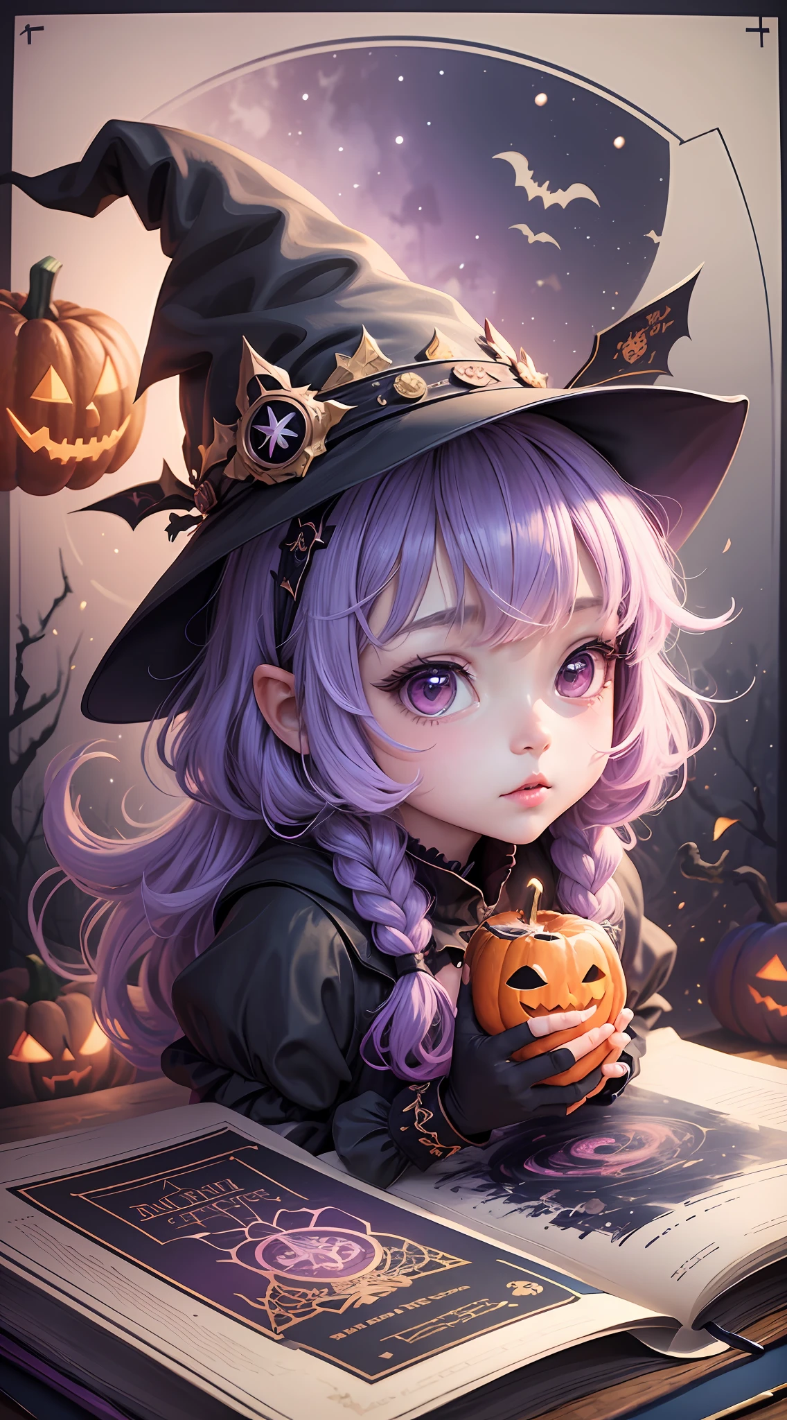 illustration of a cute witch named Lora , cute pumpkins, halloween, creepy trees, manga style, kawaii, black, purple, pink, gold,  detailed freplace, cute, kawaii, chibi, manga style, illustration, vintage style,  epic light, fantasy, fantasy art, watercolor effect, bokeh, Adobe Illustrator, hand-drawn, digital painting, low-poly, retro aesthetic, focused on the character, 4K resolution, using Cinema 4D, white outline, vivid print, watrecolor painting, illustriation, 4k, manga style, detailed bookbinder, detailed potions, tim burtons night before christmas