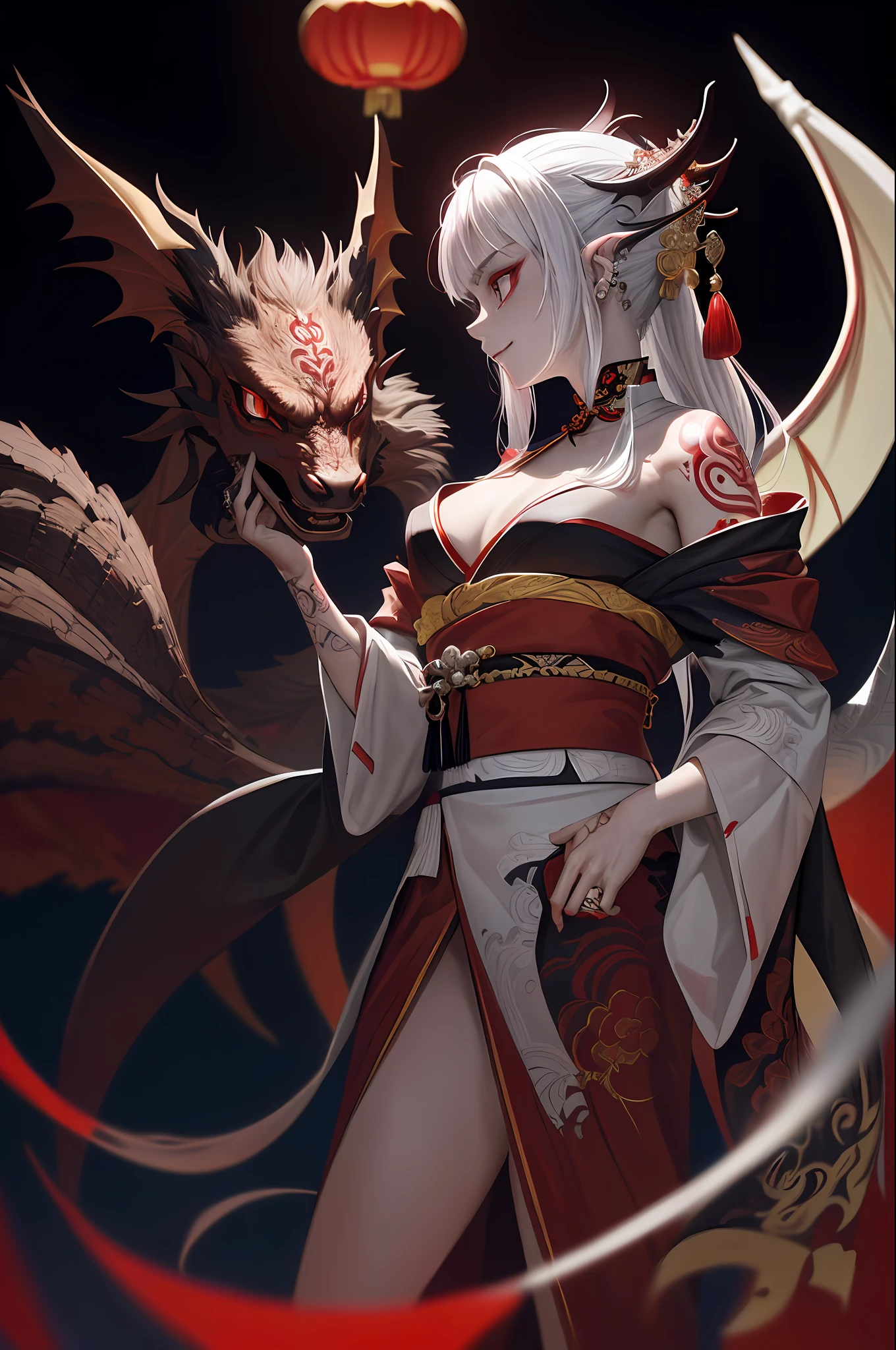 Masterpiece, Top Quality, Chinese Fairy, 1 Girl \(Loli\) and Iris Red Dragon,((Chinese Dragon glaring at the girl)),Dark gray background, Masterpiece, Best quality, High quality,(Dark shapeless creature with dark red glow and red eyes and surrounded by darkness:1.2), (in profile), (Darkness:1.2), Abstraction, Deep Sea, Award-winning photography, Depth of field, HDR, Very detailed, Trending in Art Station, Trending in CGsociety, Complex, High Detail,(Masterpiece: 1.2, Best Quality)(Best Lighting, Very Delicate and Beautiful)(Best Lighting, Very Delicate and Beautiful)(Beautiful Detailed Face)(Detailed Eyes and Detailed Face:1.2), (Young Girl, Little Beast, 1girl, Solo, Crazy Smile, Pale Skin,G Cup,Cleavage, 19 piercings,((tattoos all over the body,tribal tattoos all over the legs)) white hair, glowing red eyes, dynamic angle, vampires, pointy_ears,(depth of field),high contrast,cowboy shot,full body, (((Chinese kimono))),punk costumes,