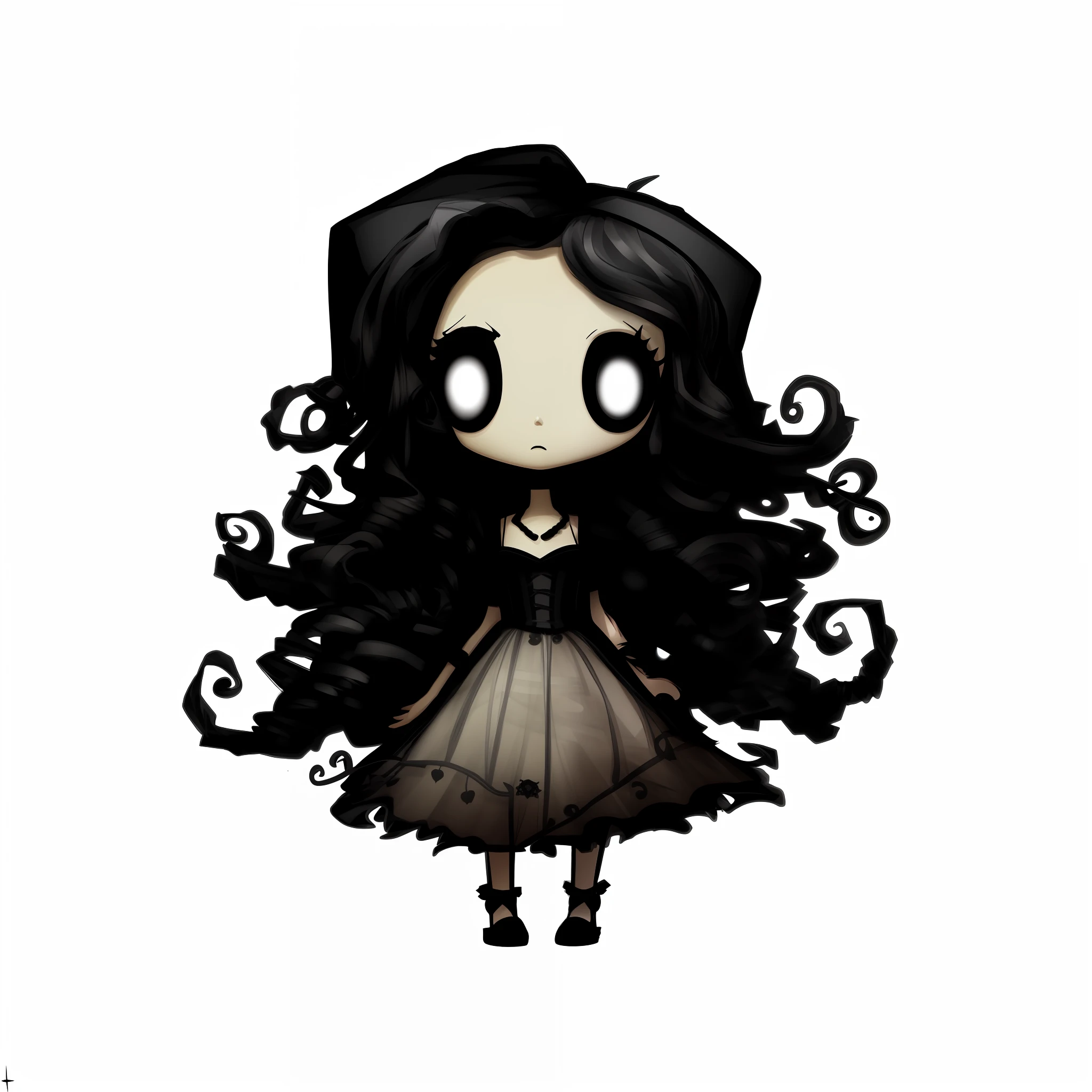 a cartoon drawing of a girl with a black hat and a black dress, with haunted eyes and curly hair, with haunted eyes and dark hair, pale young ghost girl, chibi, chibi art, corpse bride art style, rim light style tim burton, advanced digital chibi art, gothic girl, with haunted eyes and crazy hair, in style of tim burton, dark gloomy