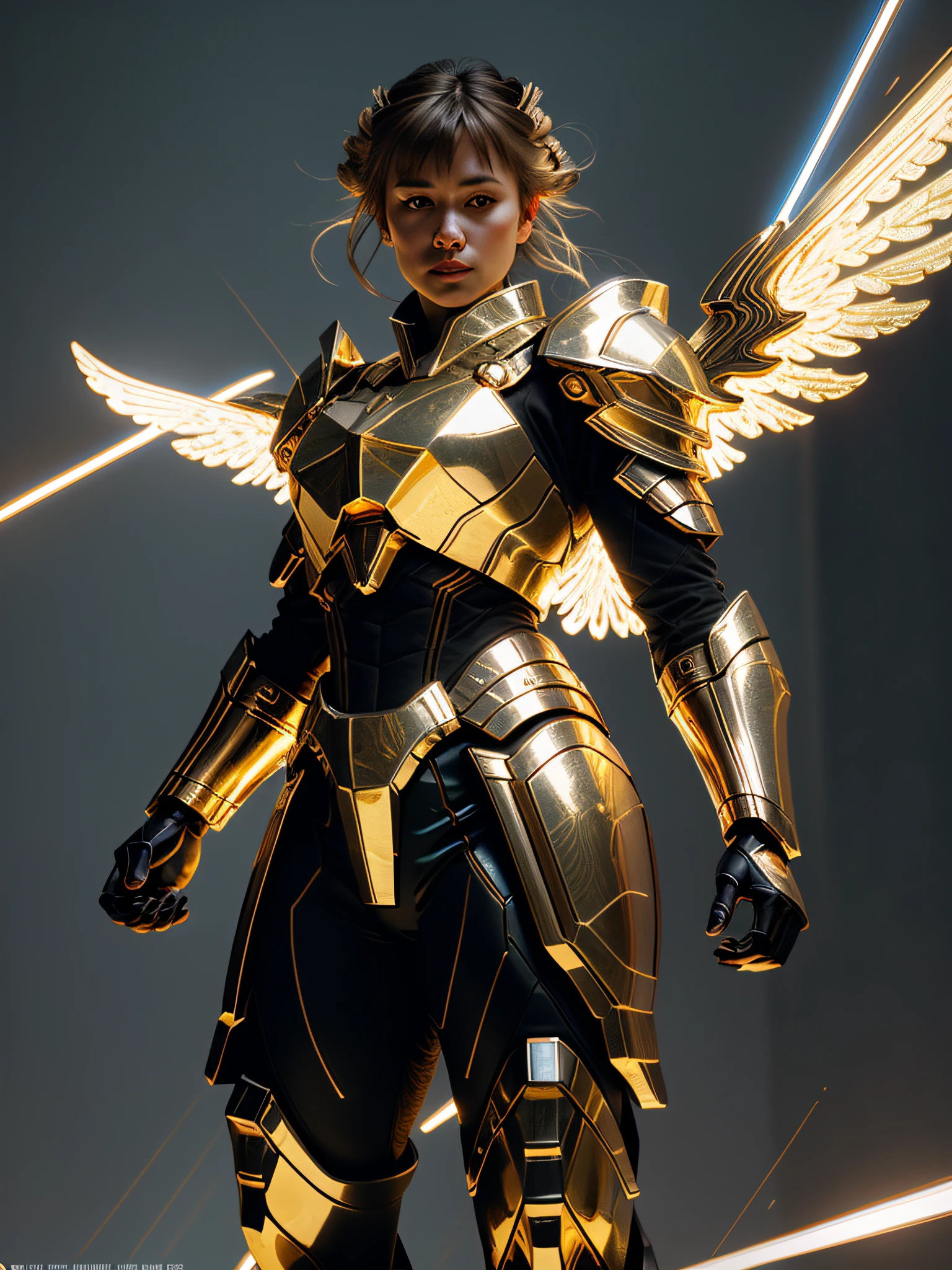 Valkyrie of War, with huge wings, metallic glowing wings, golden glowing background, white-gold armor, golden aperture at back, blonde hair, double bun, bangs, halo, glare, jitome, high detail, cinematic lighting, film grain, lens flare, cowboy lens, Verism, God ray, 8k, super detail, high detail