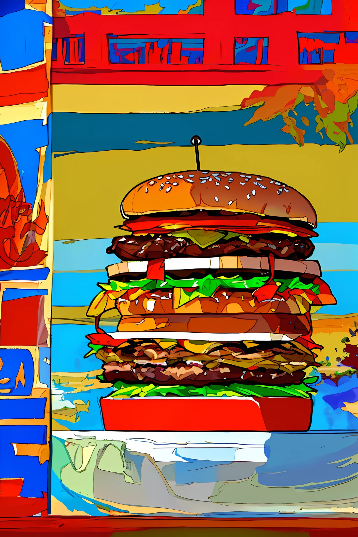 HD, Western food, painting style, detail portrayal, poster close-up, burger brand, double shrimp burger, with juice