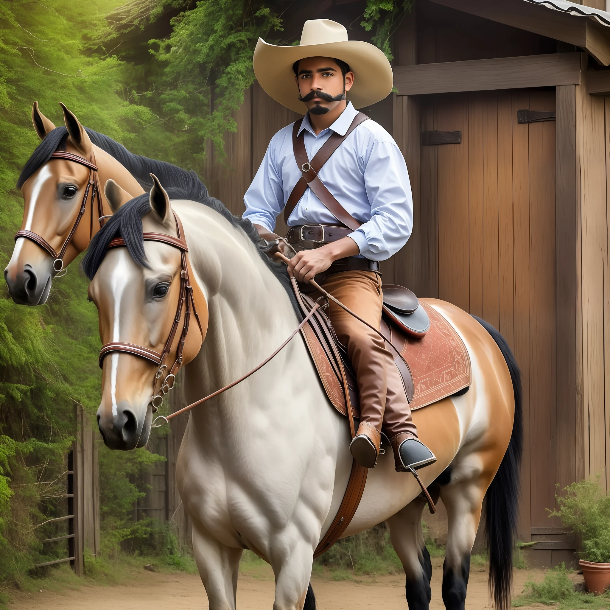 shz, ((best quality)), ((masterpiece)), (detailed), realistic, several boys, (riding horse), mustache, looking at the viewer, with mexican hat, outdoors, house, amy, horse --auto --s2