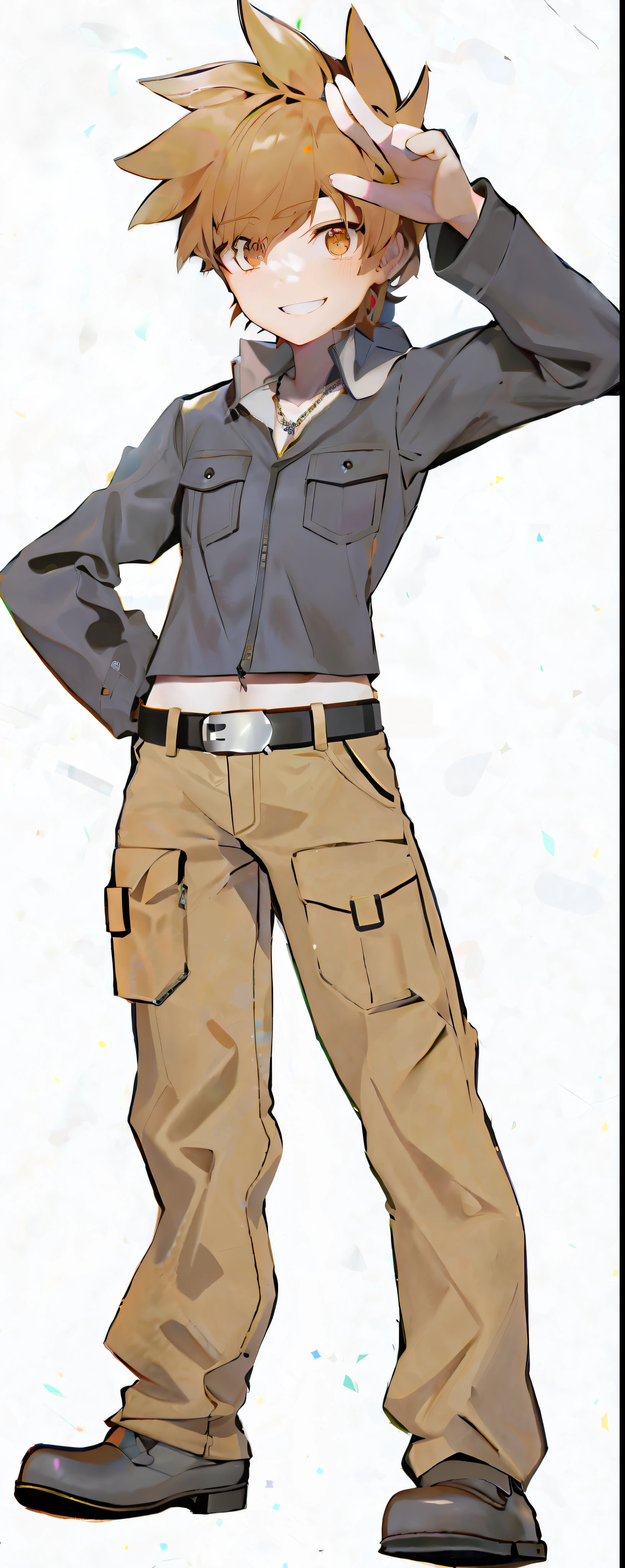 pants, pocket, fearless smile , standing, silver round necklace, brown pants, jacket, long sleeves, black belt, bangs, light brown hair, light brown eyes, shoes, belt buckle