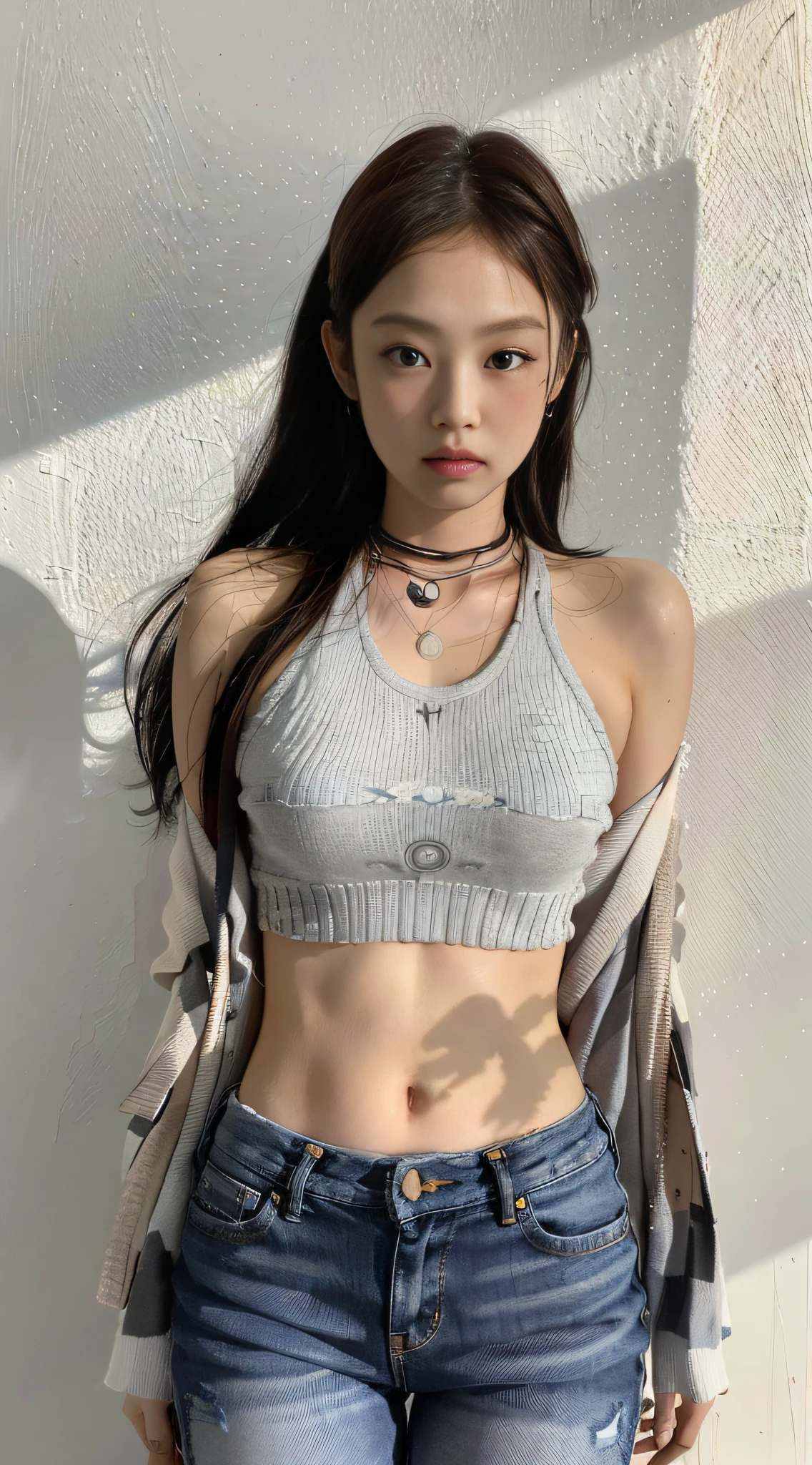 (1girl:1.3), Solo, __body-parts__, Kim Ji-ni Jennie face, wearing white shirt, cropped college knit vest, jeans, pink socks, white shoes, world-weary face, cold eyes, Korean style photo photos, photographic lighting, strong contrast, sunlight on the face, world-weary face, high-class sense, cold eyes, feminine, cement gray background, 8k resolution image, intricate symmetrical details. The whole picture goes forward, mainly a woman standing all over her body, with smooth movements and a complete picture.