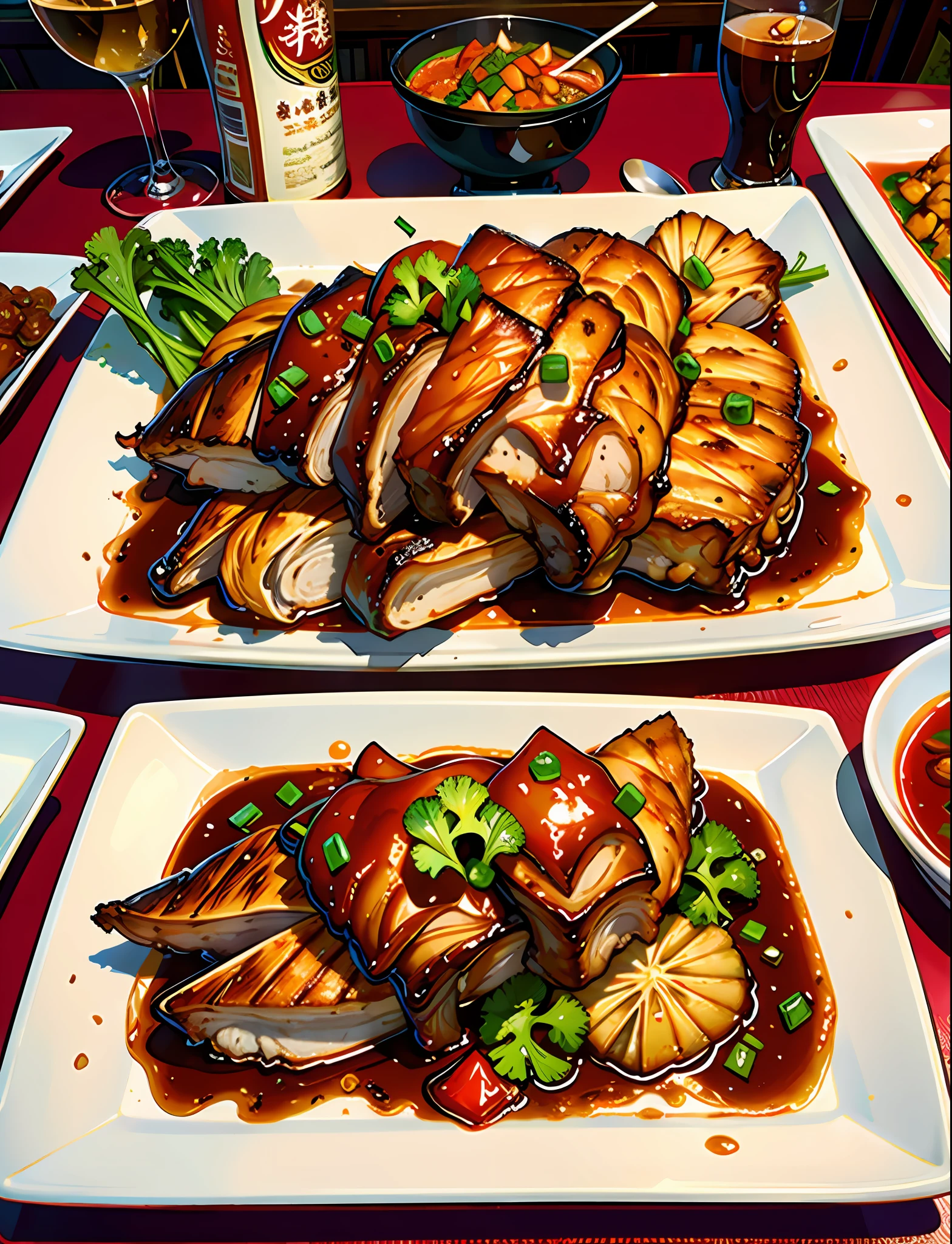 Masterpiece, best quality, Chinese food, food, aroma, variety, spicy, tender, steamed, boiled, fried, stir-fried, roasted, crispy, color, taste, banquet, enjoy, braised pork, squirrel cinnamon fish, roast duck, kung pao chicken, mapo tofu