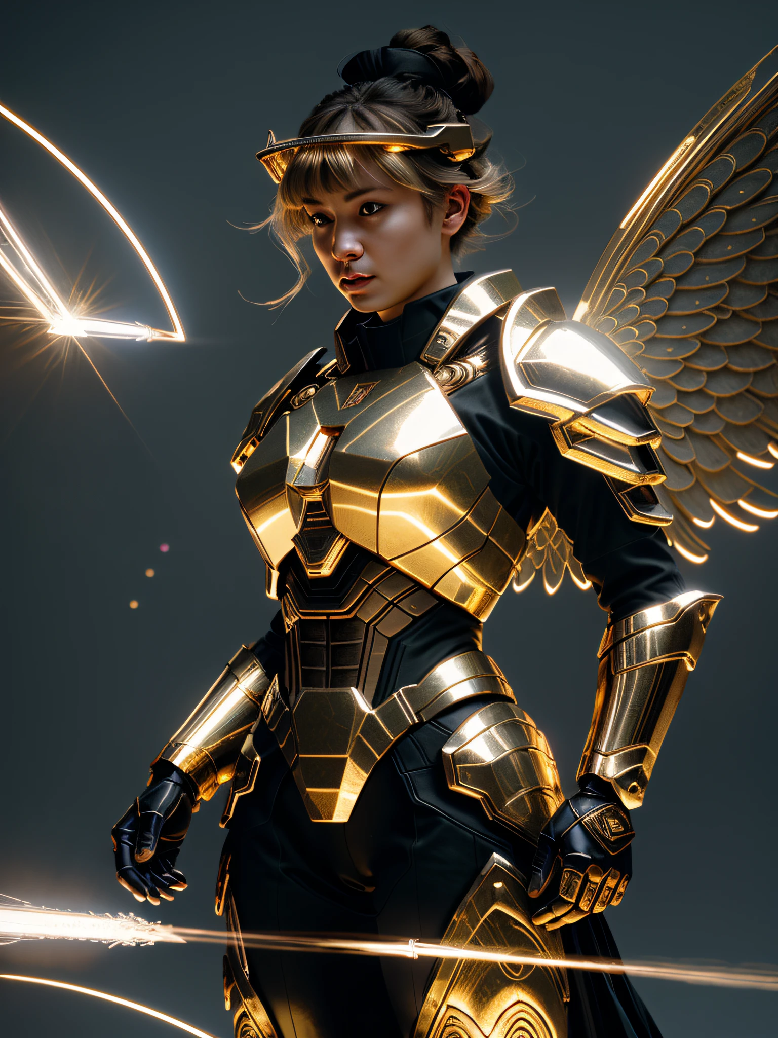 Valkyrie of War, with huge wings, metallic glowing wings, golden glowing background, white-gold armor, golden aperture at back, blonde hair, double bun, bangs, halo, glare, jitome, high detail, cinematic lighting, film grain, lens flare, cowboy lens, Verism, God ray, 8k, super detail, high detail