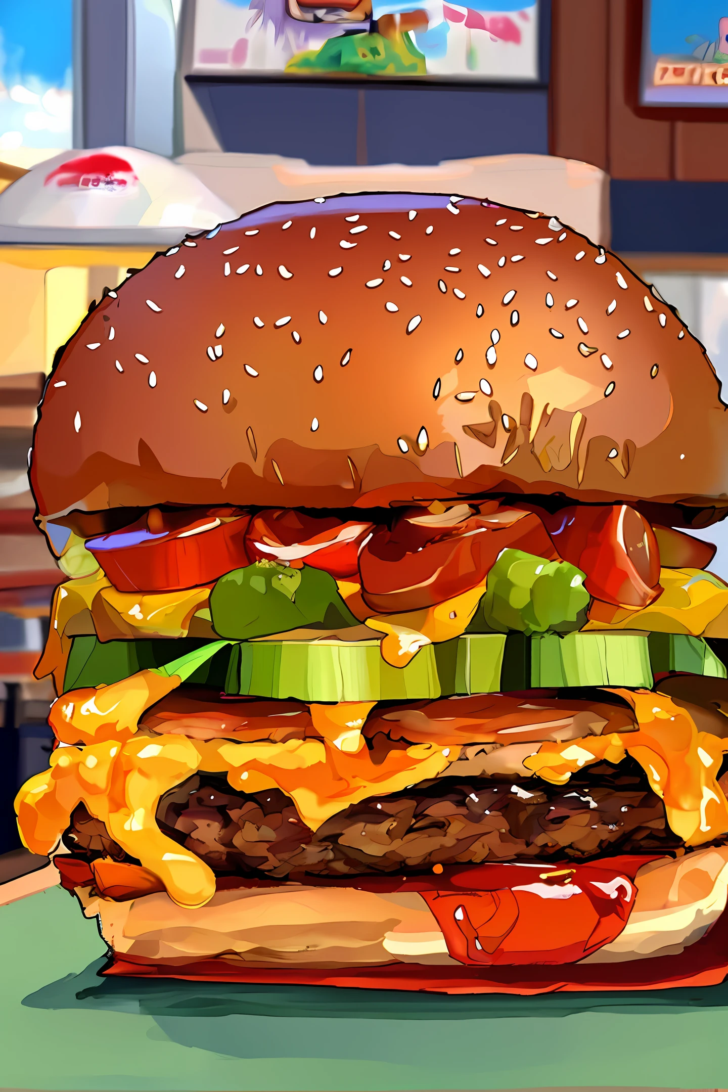 HD, Western food, painting style, detail portrayal, poster close-up, burger brand, double shrimp burger, with juice