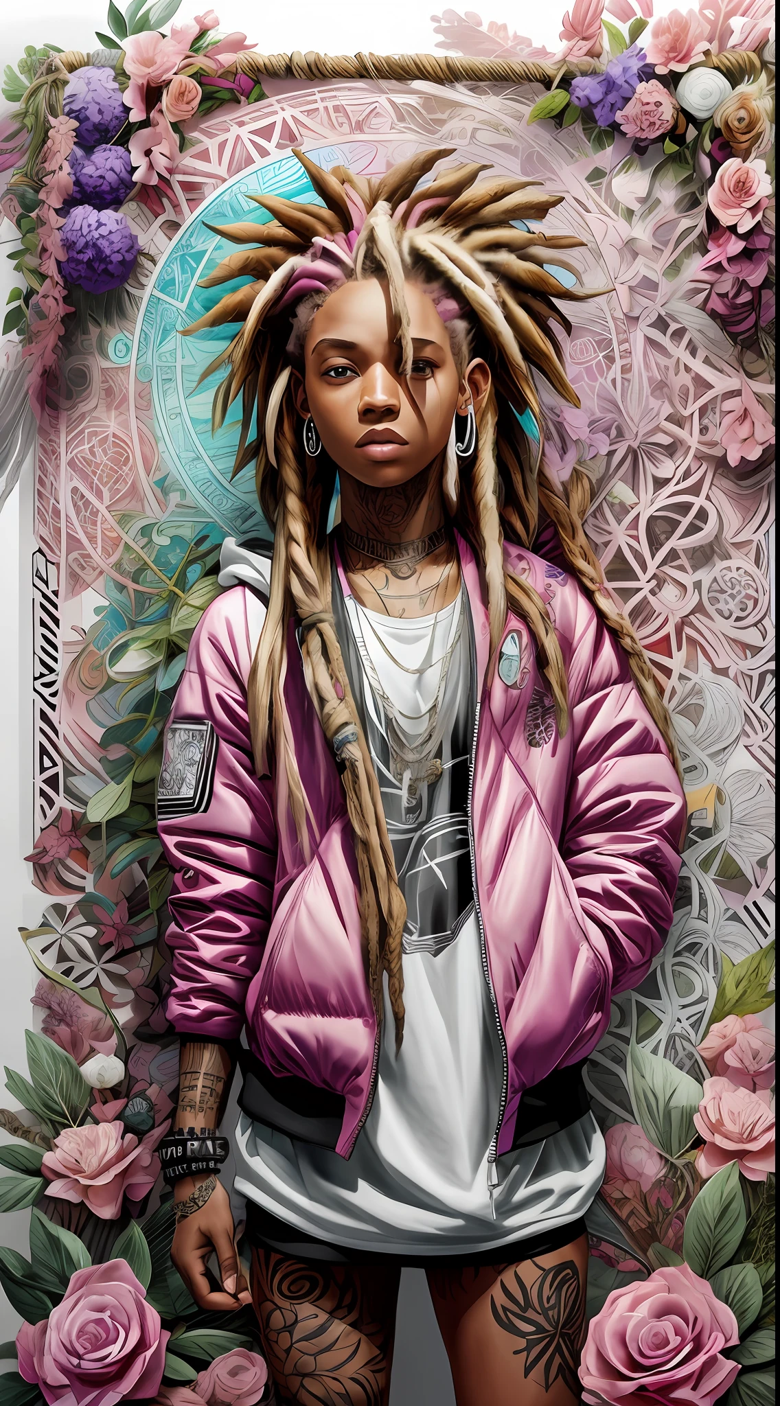 roxo:1.2,pink:1.1,white:1.5,rusty:1.3,textures:1.7 (rapper with dread hair),tattoos, (power puffer clothes:1.2),flowers,leaves,fog,lines,circles background