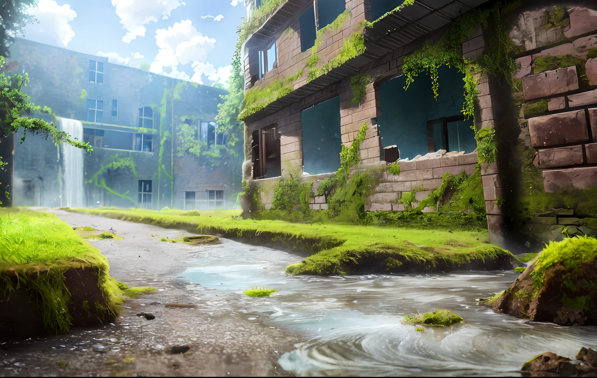 Scenery of ruins and moss tuma abandoned city account ultra 8k beautiful little water on the ground rubble on the ground and dirt water falling from the abandoned buildings beautiful quality masterpiece best quality