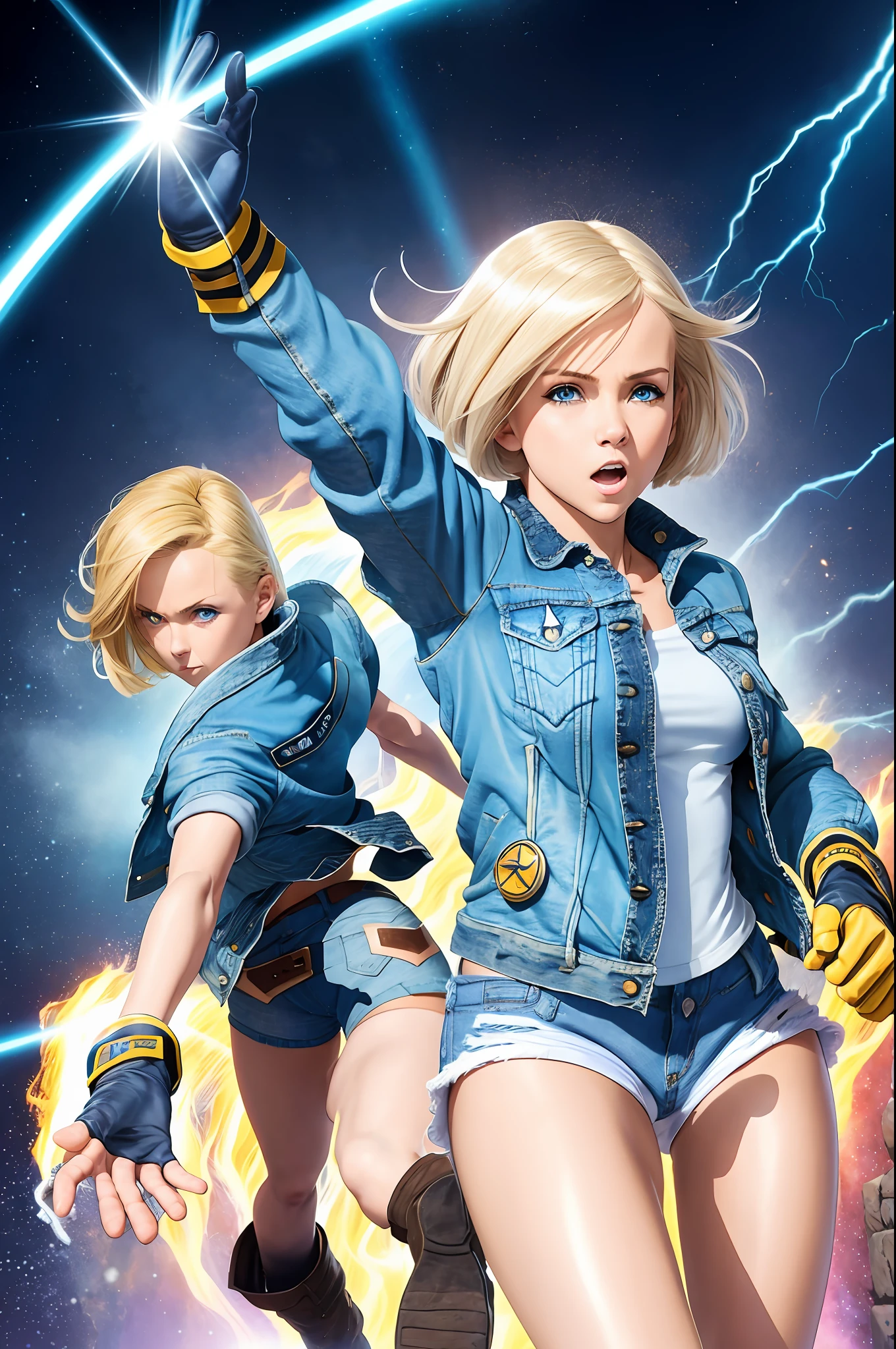 (((1 girl,  cute, denim jacket, white top, jeans, Gloves, blond, short hair, bob hair,  side parted hair, blue eyes))), (((blond hair))), 
dynamic poses, manga style, depicting a group of characters in various action scenes, from intense battles to lighthearted moments, with dramatic speed lines and bold sound effects, capturing the excitement and energy of the story, Laser rays from the palm of hand, Attack forward with palm, yellowstone park, Grand Canyon,