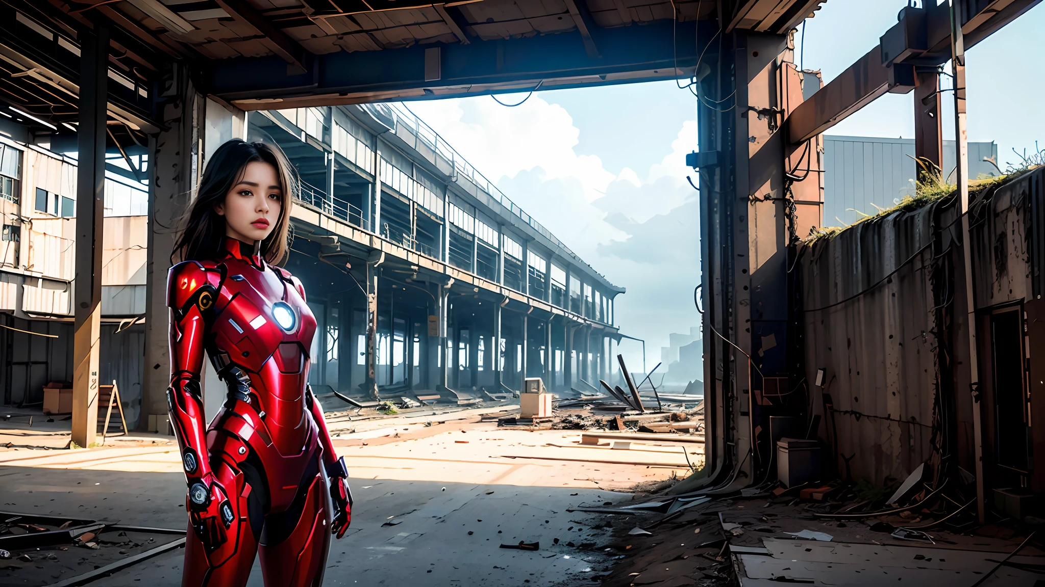 8k, realistic, attractive, highly detailed, a 20 year old girl a sexy and attractive woman inspired by Iron Man wearing a shiny Iron Man mech. She dresses with sexiness and confidence, perfectly interpreting Iron Man's strength and charisma. The abandoned warehouse serves as a backdrop, creating a unique atmosphere that highlights her bravery and perseverance. The cloudy sky adds a sense of tension and mystery to the whole scene. This high-definition, high-quality picture will bring you a shocking visual experience. The detailed abandoned warehouse and shiny mechs will keep your eyes on you. oc rendering, dramatic lighting, award winning quality