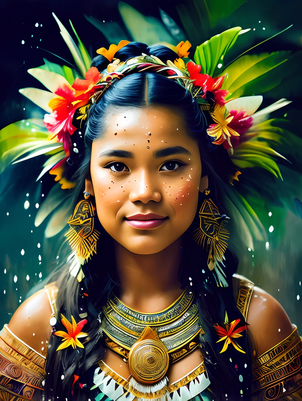 An exotic Polynesian ethnic traditional dancer, detailed and sharp focus on her face, ultra details, hi-res, portrait by Willem Haenraets, watercolor, wet on wet and splattering techniques, centered, perfect composition, abstraction, surrealism, trending on artstation, sharp focus, studio photo, intricate details, highly detailed, by Greg Rutkowski