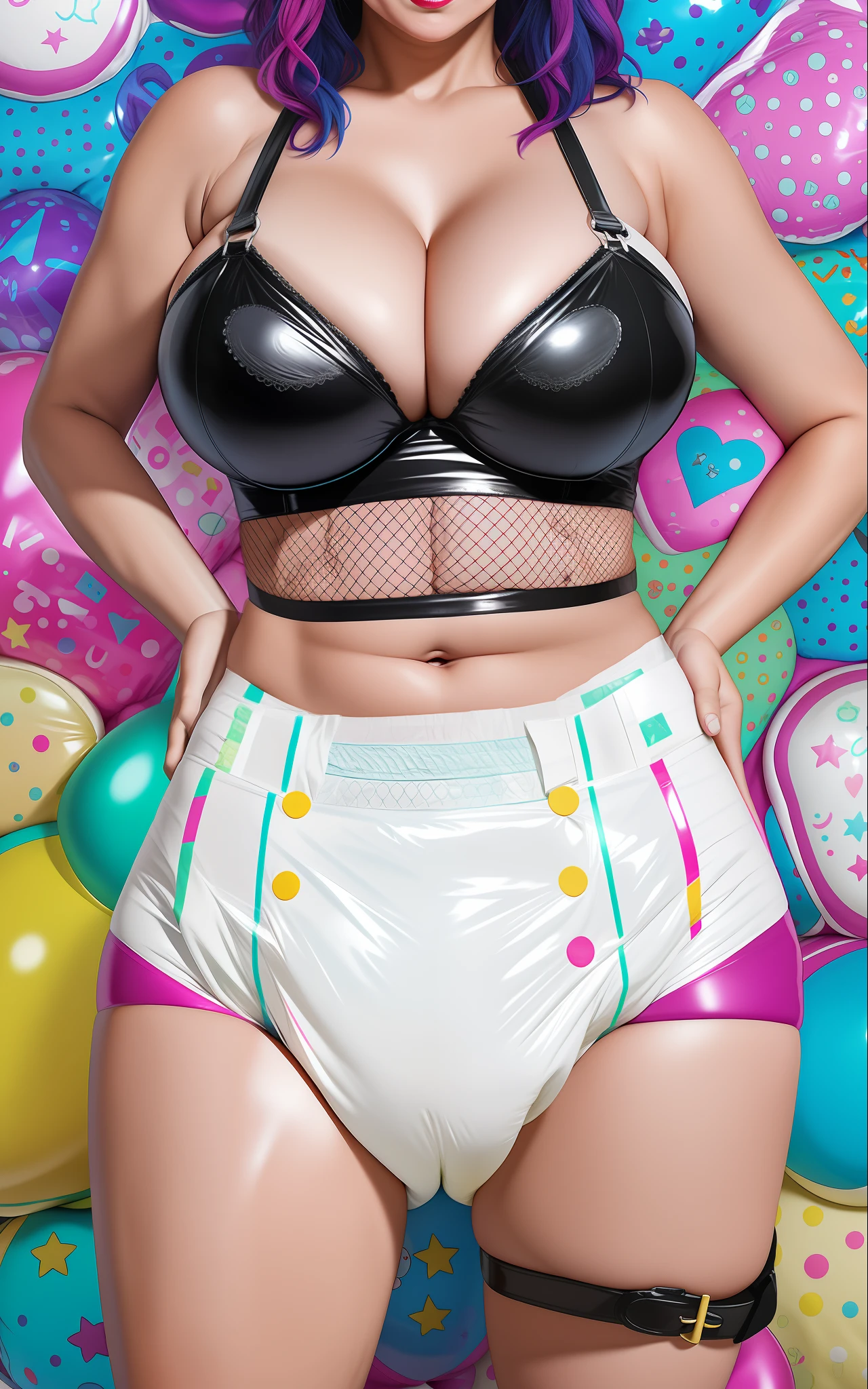 Sexy busty woman wearing (big diaper) magical, colorful, detailed, surprised, happpy, huge inflated breasts, wide hips, seductive, ((mommydom)), bokeh, (latex), cleavage, fishnets, goth, ahego